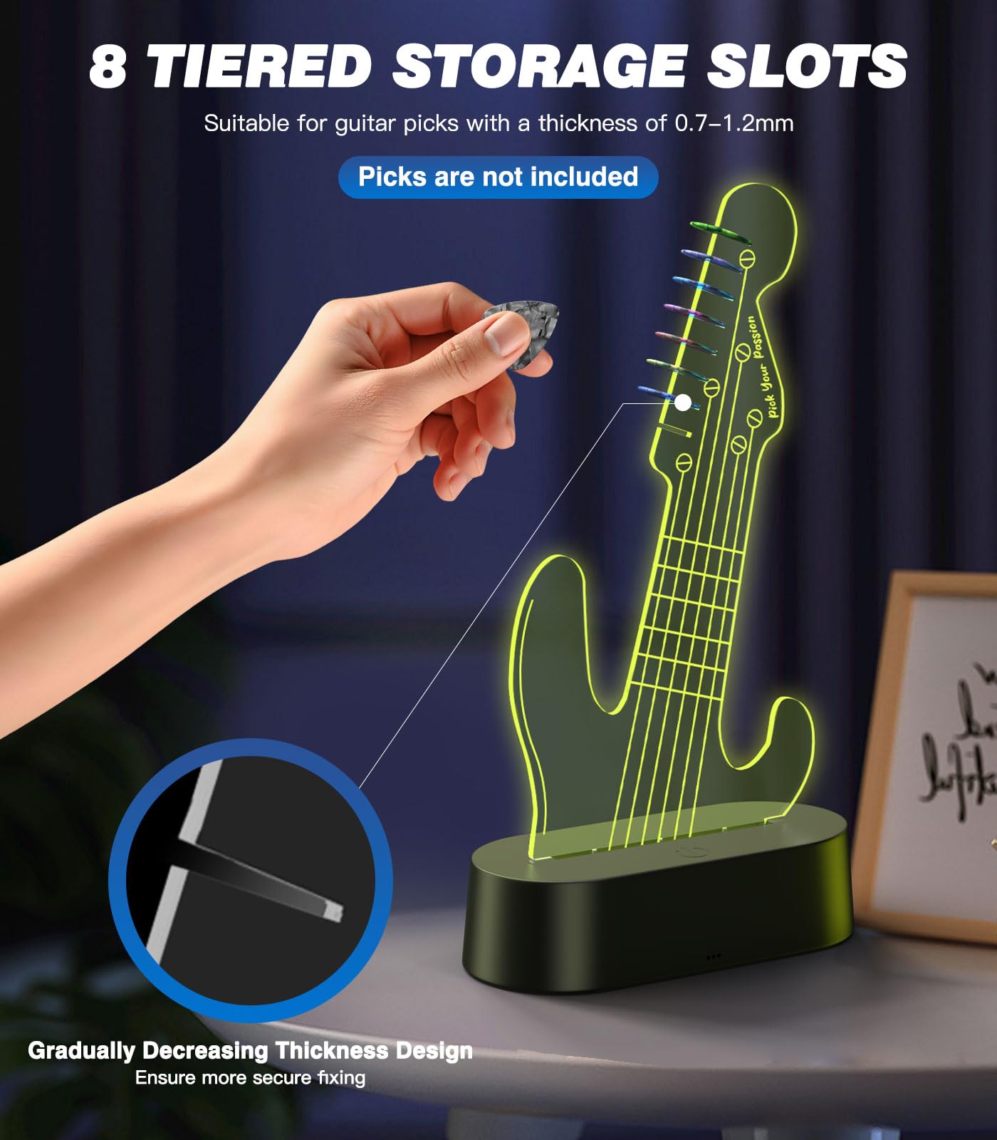 MoKo Porta Plettri Luminoso per Chitarra, Supporto per Plettro a LED con 7 Colori, Alimentazione USB, Contiene 8 Plettri, Regalo per Chitarra per Uomo, Musicista e Chitarrista