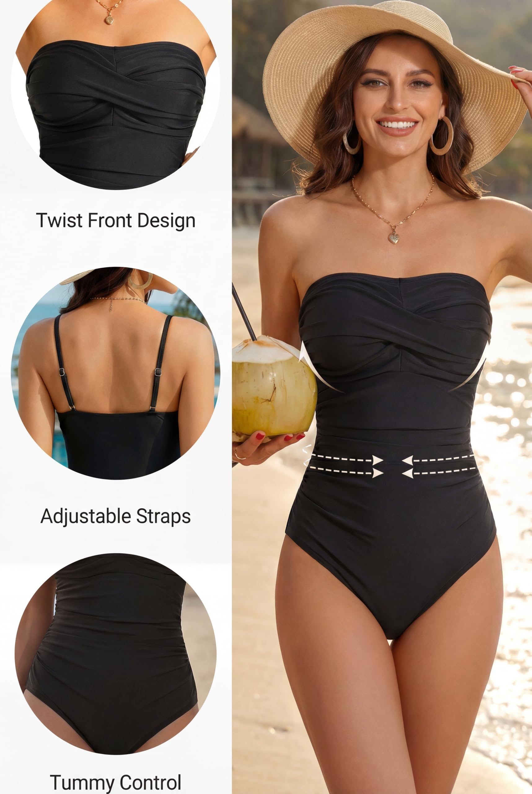 Smismivo Trägerloser Einteiliger Damen Badeanzugmit Bandeau Retro Bauchweg Schwimmanzug für Damen Vintage Ruched Einteilige Bademode Swimsuit