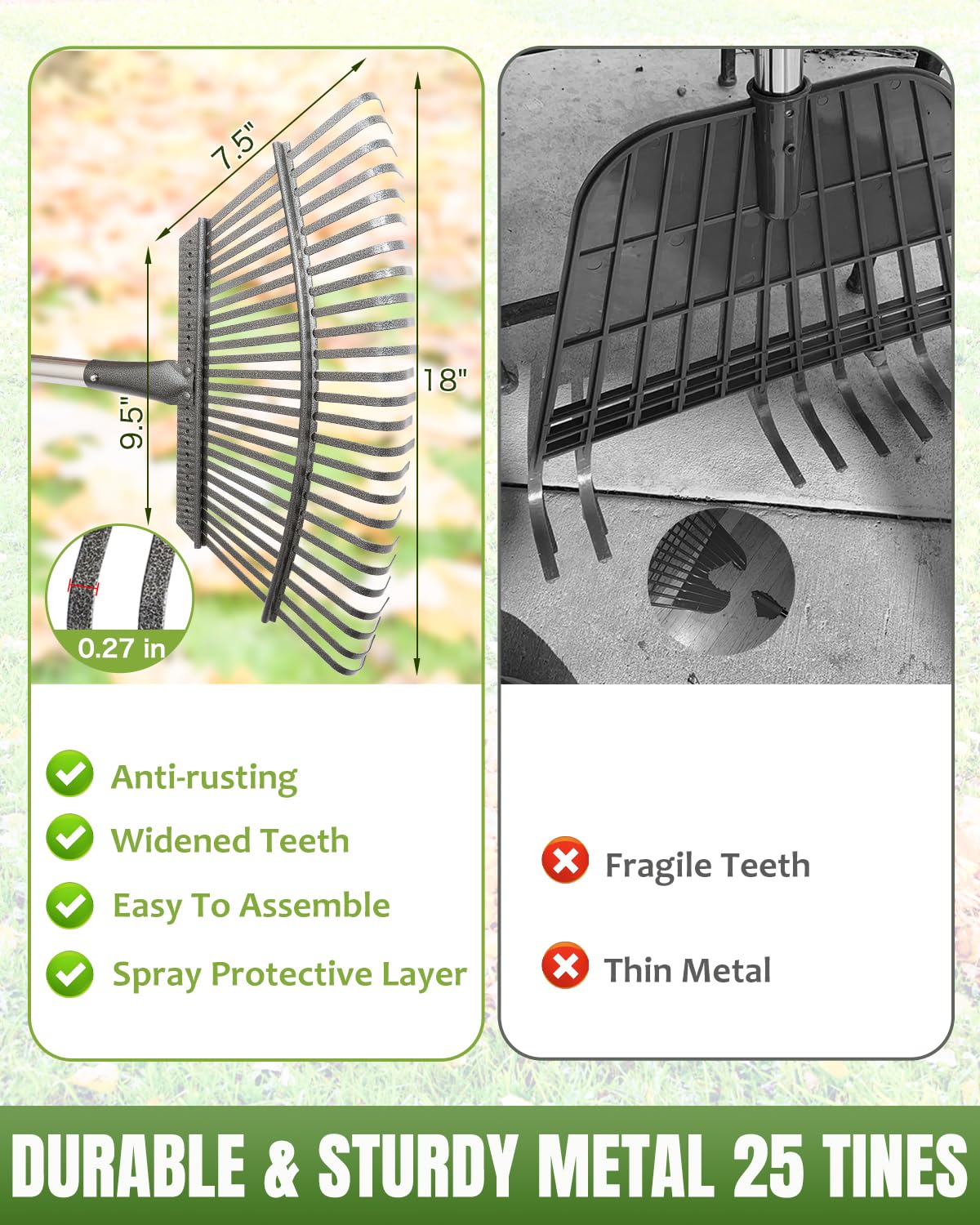 Joyhalo 165 cm Rechen für Blätter mit 40 Gallonen Kehrschaufel-Typ Laubsäcken, 25 Zinken Metall Laubbesen Set für Gartenarbeit Rasen Hof Outdoor Camping Strauch Gras Busch Grasschnitt