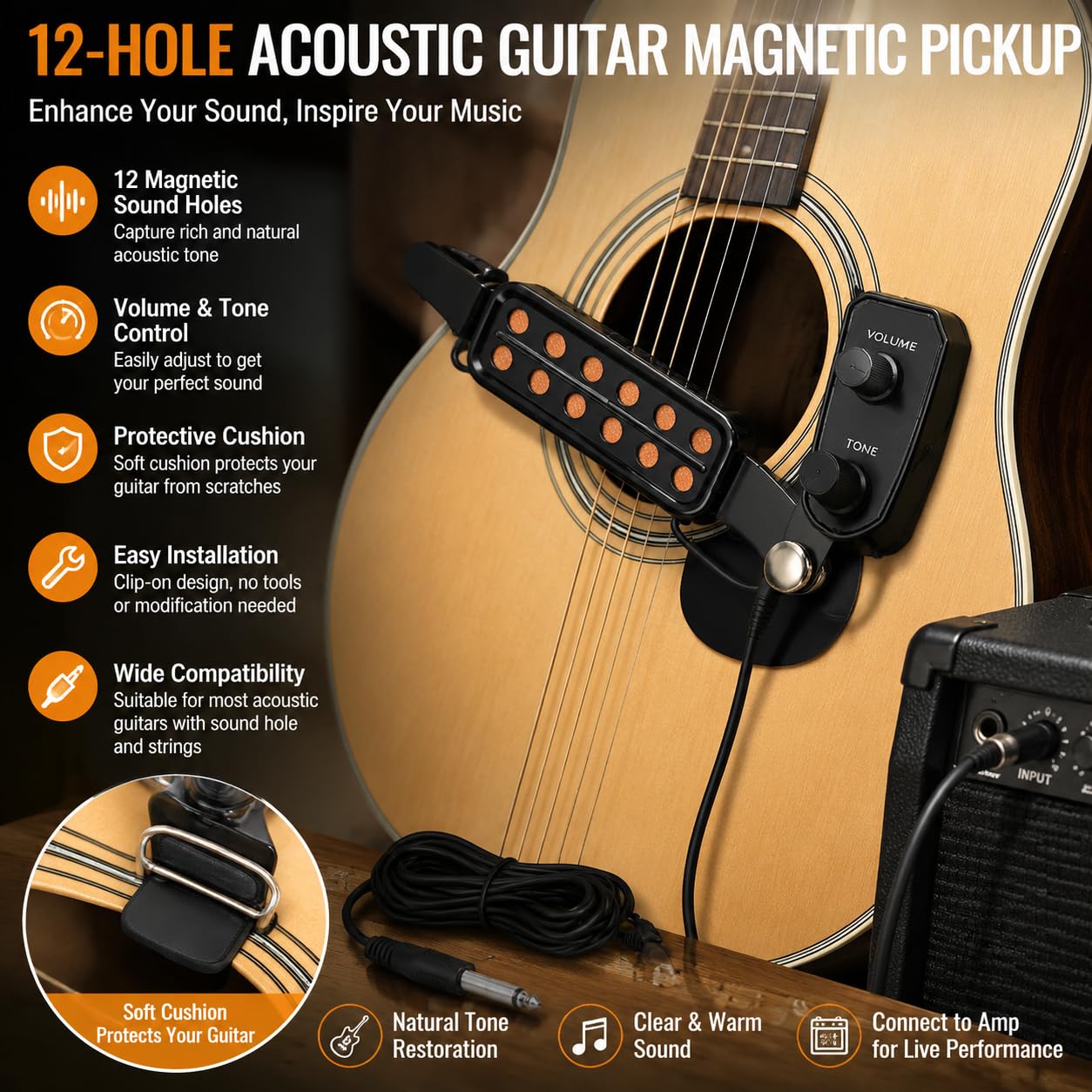 Pickup Chitarra Acustica 12 Fori Metal Magnetic Guitar Transducer Sound Pickups con kit di Accordatura del Volume e Cavo di Amplificazione per chitarra acustica e ukulele