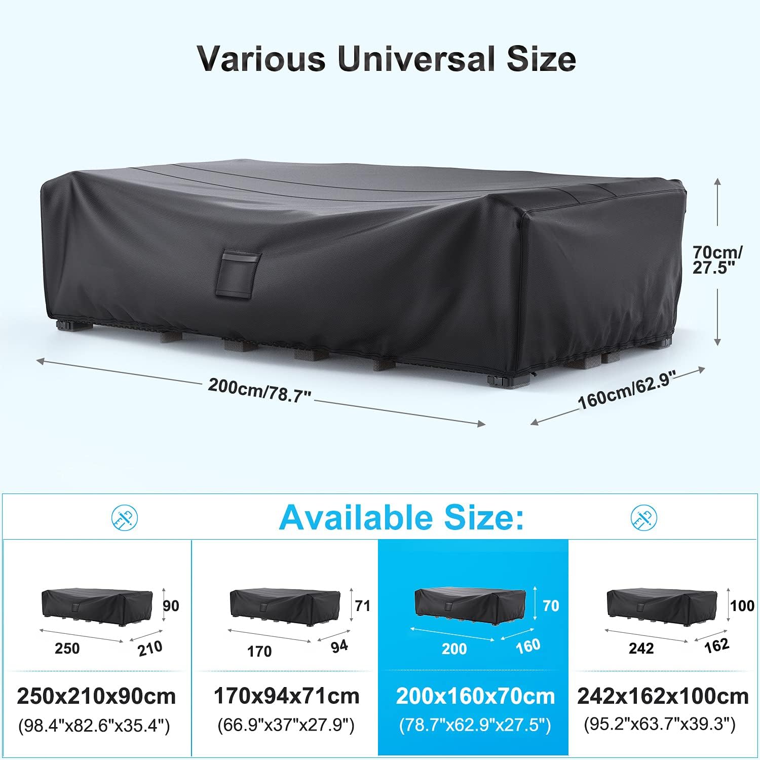 Copertura Tavolo Esterno 200x160x70cm, Copritavolo Esterno Impermeabile 600D Oxford, Anti-UV, Copertura Tavoli Giardino con Uscita d'aria per Tavoli e Sedie, Divani, Mobili in Rattan