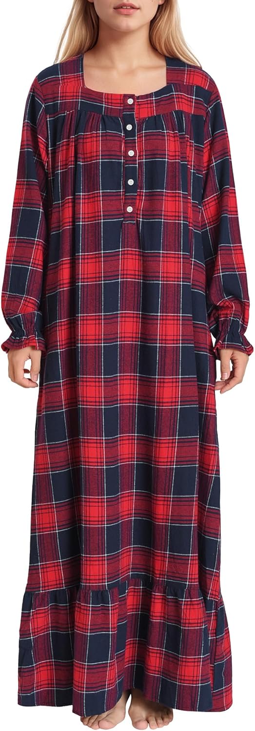 Latuza Women's Cotton Flannel Nightgown Long Sleeve Full Length Night Gown