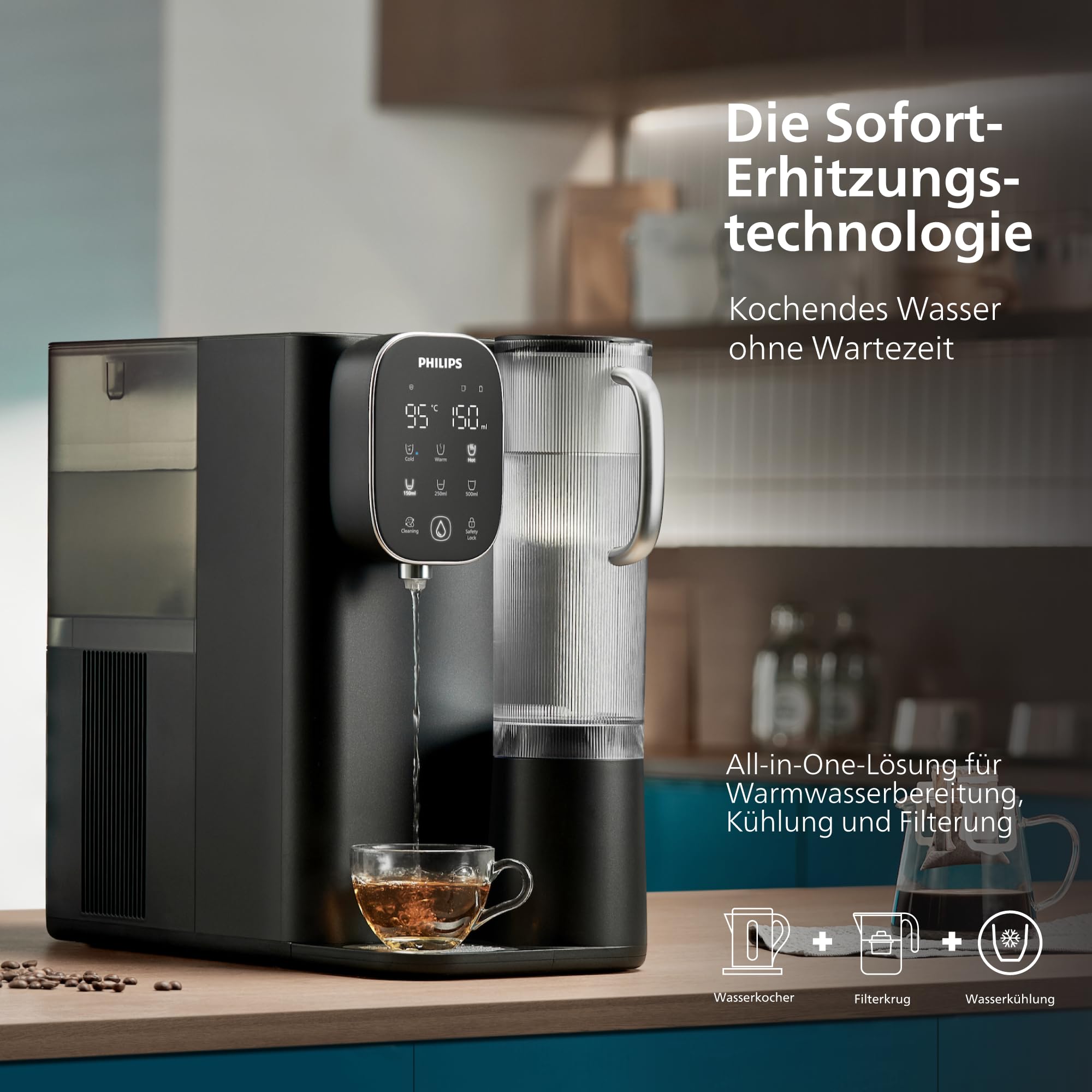 Philips 6500 Umkehrosmose-Wasserspender: gereinigtes heißes und gekühltes Wasser in Sekunden, 5-in-1-RO-Filter reduziert >110 Schadstoffe, 3:1 Rein-/Abwasser, UV-C-Schutz, Keine Installation, 2000 L
