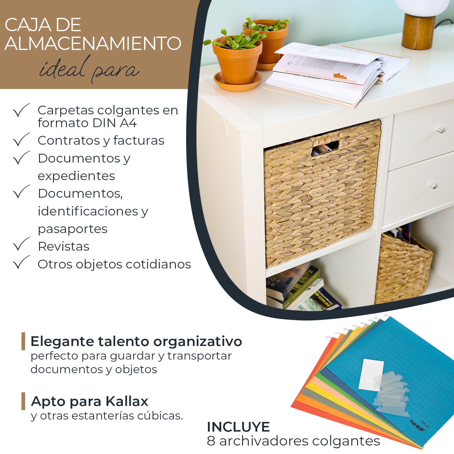 Cesta de almacenamiento HMF adecuada para Kallax para archivos colgantes DIN A4, cesta trenzada de jacinto de agua, incluye 8 archivos colgantes, 33 x 38 x 32 cm