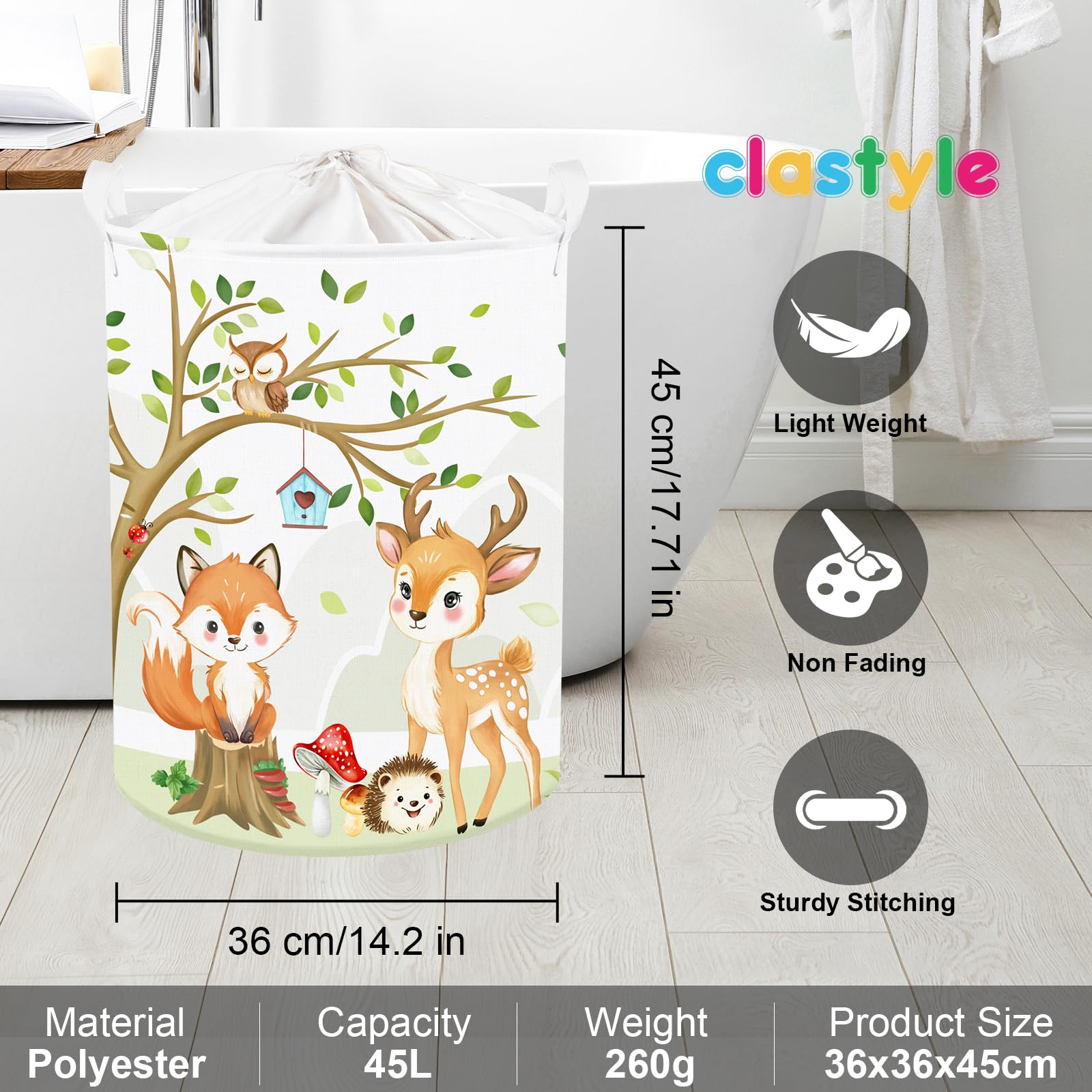 Clastyle Ceste Biancheria Bambini Animale Foresta Cestino Giocattoli Vestiti Ramo per Ragazzo Ragazza Cestino Portaoggetti per Bagno Cameretta Bucato, Volpe Cervo, 36x45 cm