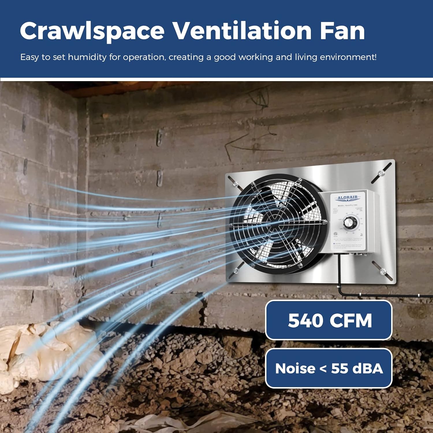 ALORAIR 540 CFM Stainless Steel Crawl Space Ventilation Fan with Humidistat Dehumidistat, IP55 Rated Crawlspace Vent Fan for Foundation Basements Garage Attic