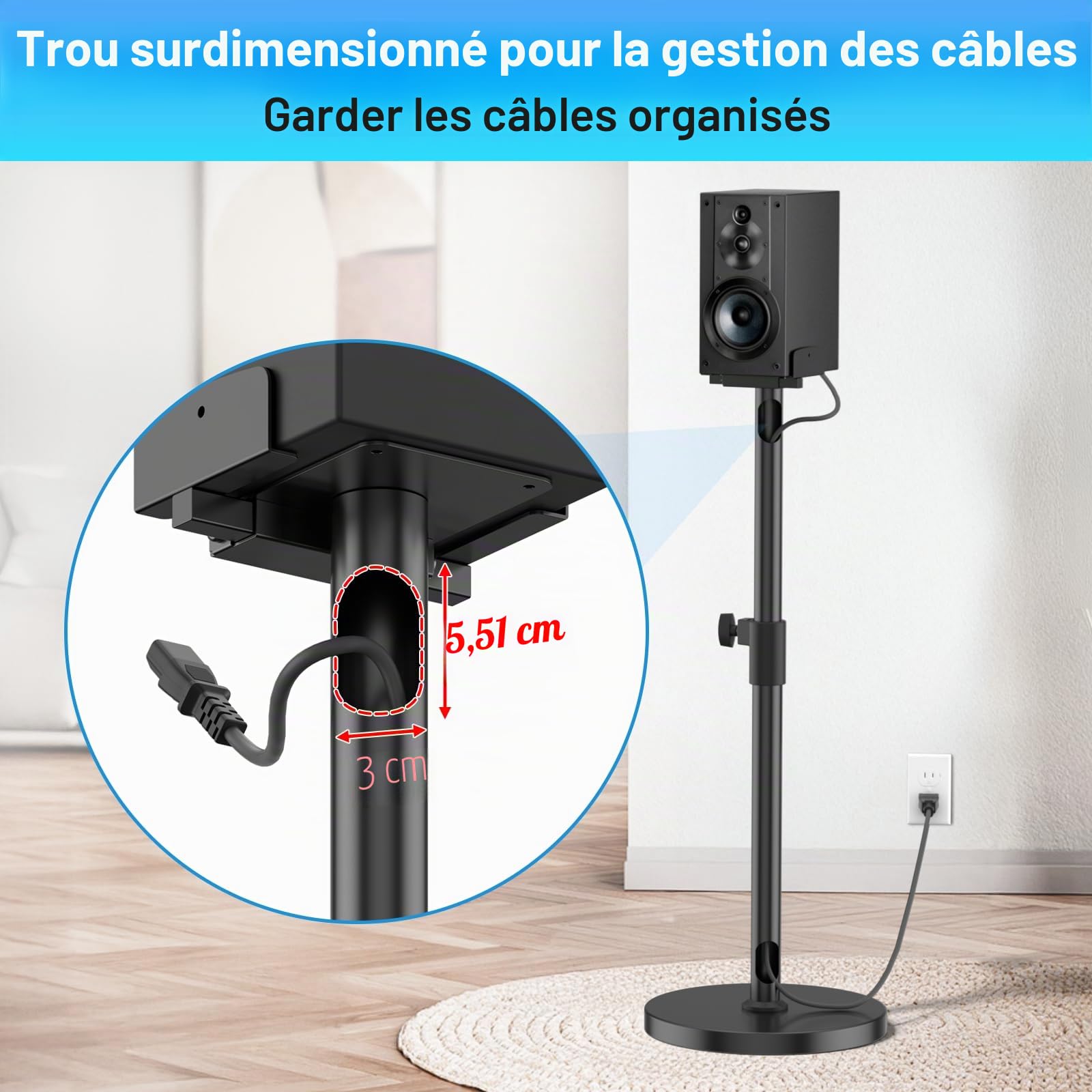 Supports d'enceintes renforcés (Paire) pour Sony HT-A9, SA-RS5, SA-R55, SA-RS3S, SA-Z9R avec Supports pour Barres de Son - Hauteur réglable 74 à 95 cm pour Enceintes Surround Sony