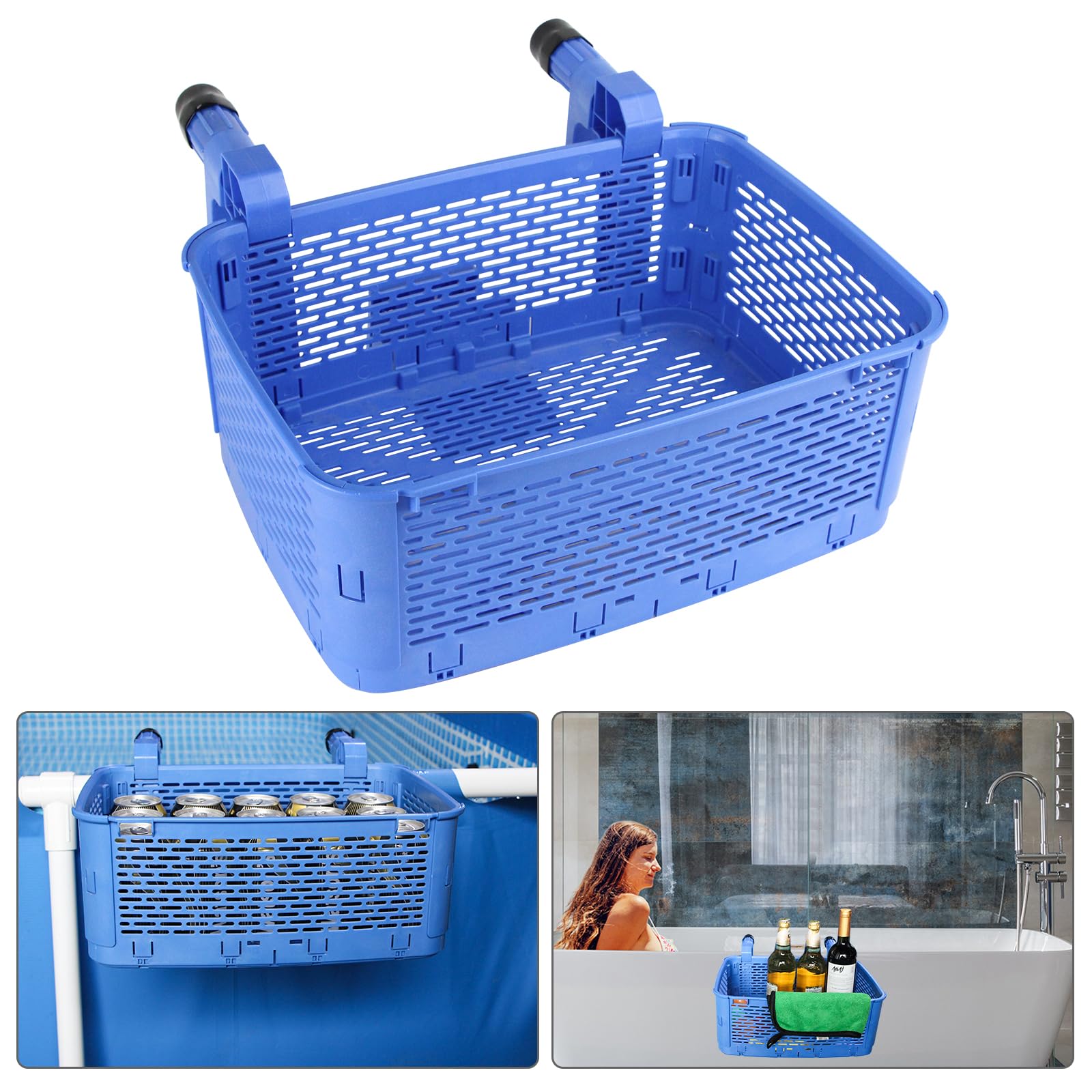 Poolside Storage Basket, Thickened Pool Storage Basket, Above Ground Pool Accessories, Poolside Multifunctional Storage Basket With Adjustable Handle (Blue)