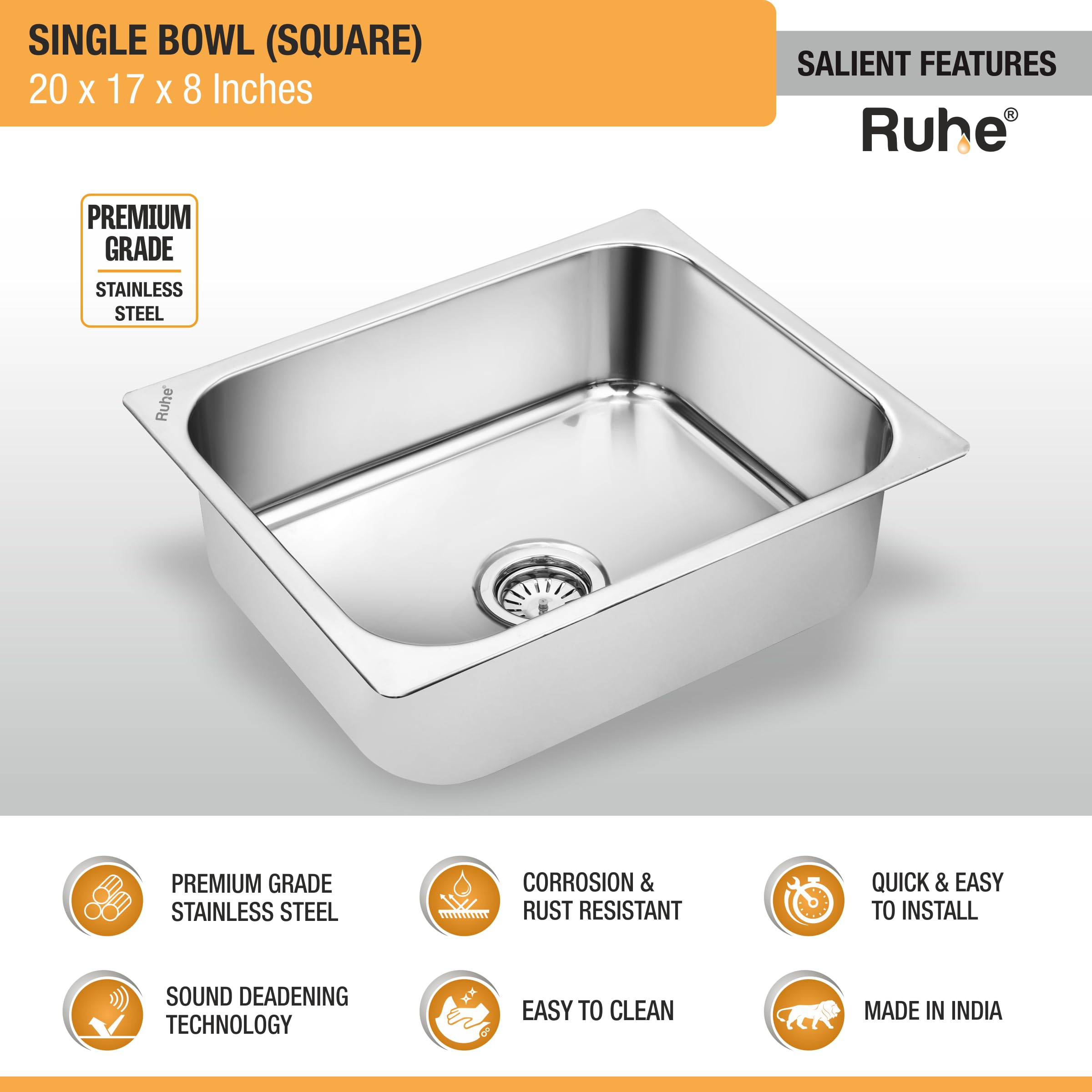 Ruhe® Kitchen Sink | Square Bowl Stainless Steel Kitchen Sink | (20x17x8 Inches) | Glossy Finish with Sink Coupling and Waste Pipe 1