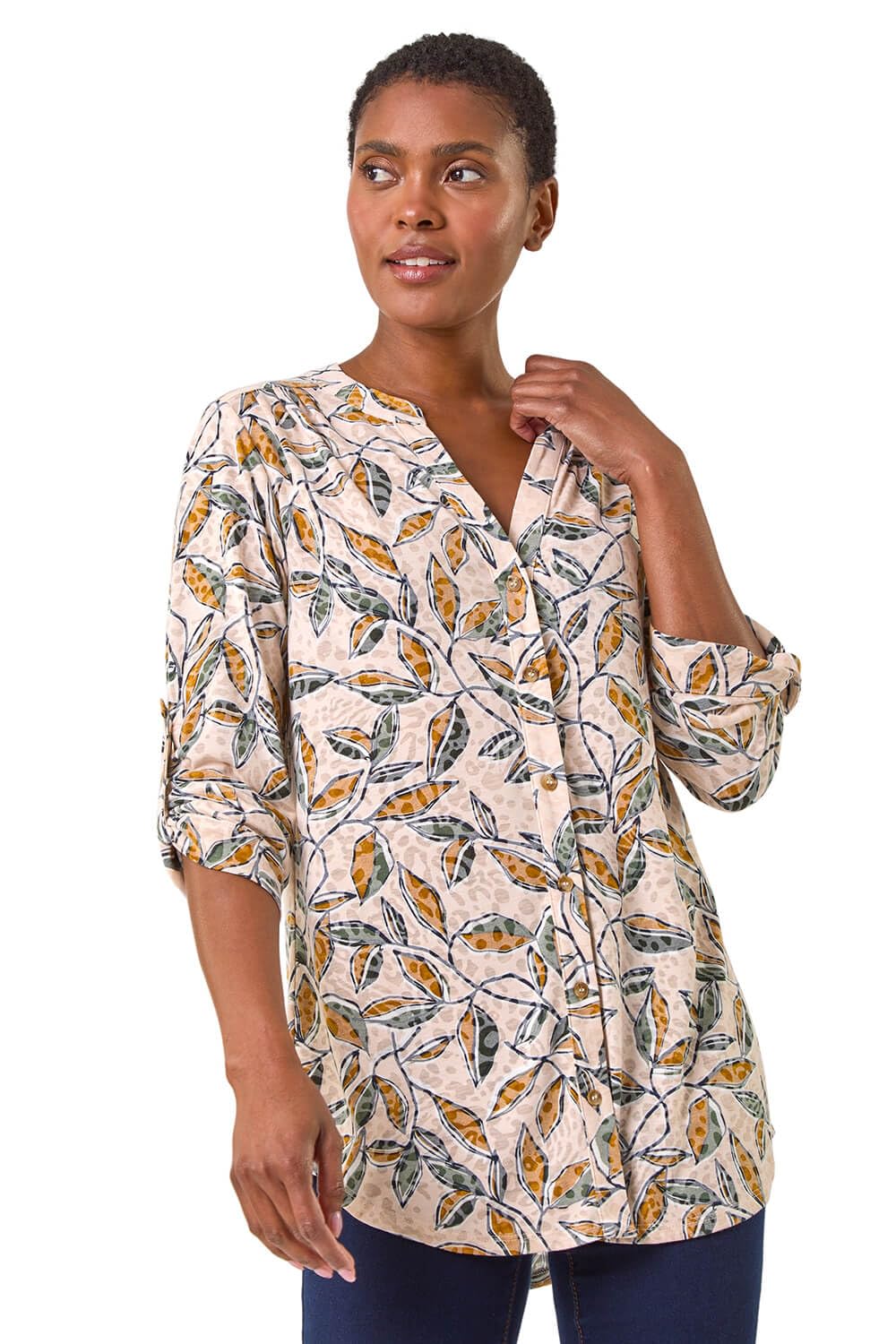 Roman Originals Women's Neutral Shirt Top For Uk Collarless Blouse Smart Tunic Button Through Longline Asymmetric Hem 3/4 Length Roll Up Sleeves V Neck Going Out