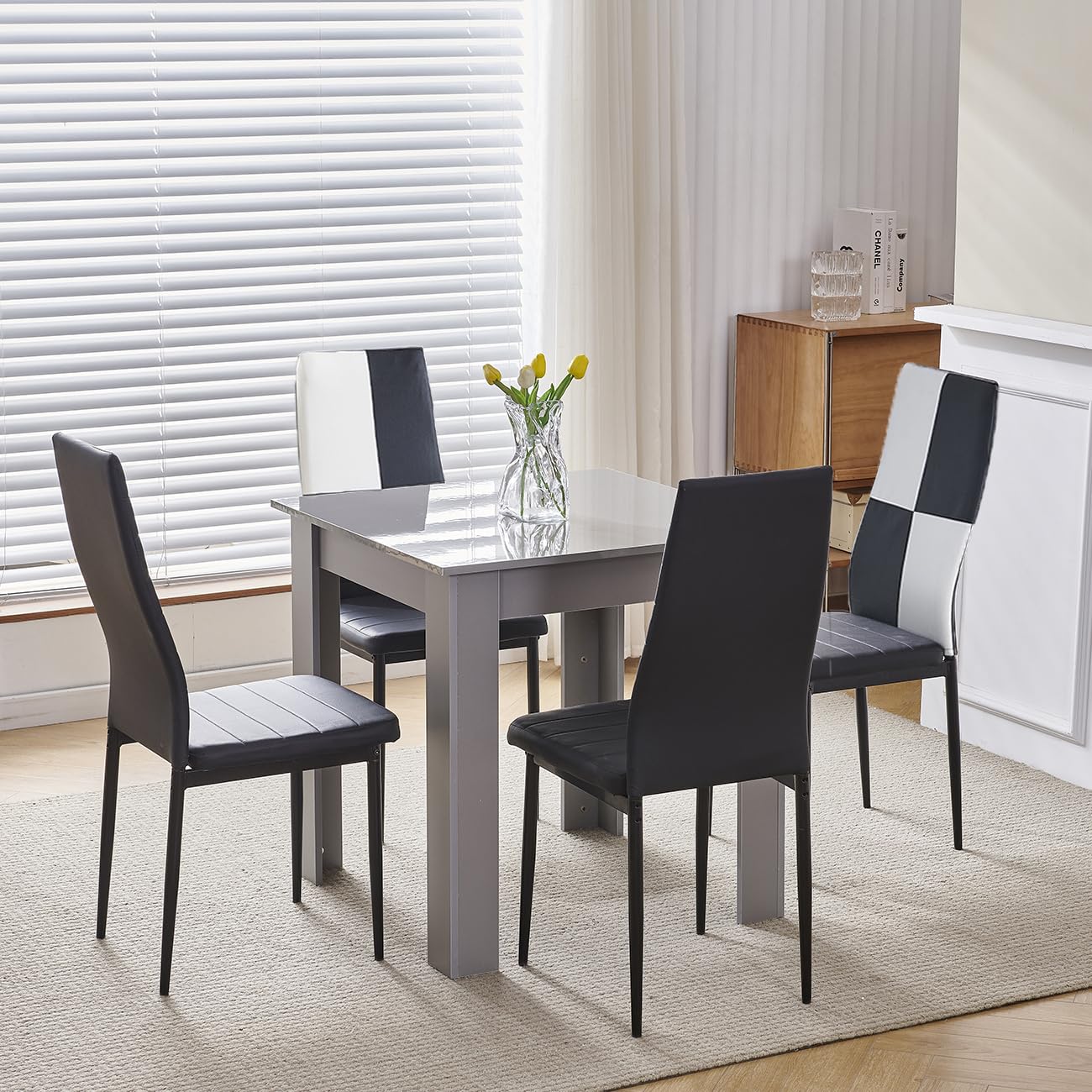 Homullel 75x75 cm Small Dining Table and 4 Chairs, 4 Seater Table and Chairs Set Kitchen Dining Room Set for 4, Compact, Space Saving, Wooden, Glossing Tabletop Grey (4 Seats, Faux Leather Checkered)