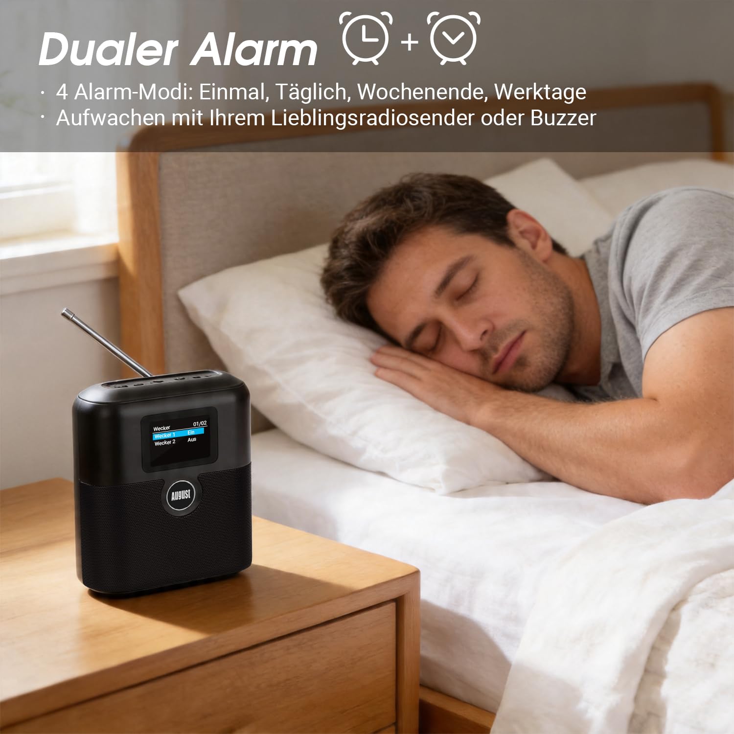 August MB330 Tragbares DAB+/UKW Radio mit Bluetooth – Digitalradio mit Akku Doppel Wecker, 60 Presets, Sleeptimer, 6W Lautsprecher, Farbdisplay, EQ, AUX EIN/Aus, USB-C, für Küche Schlafzimmer Outdoor