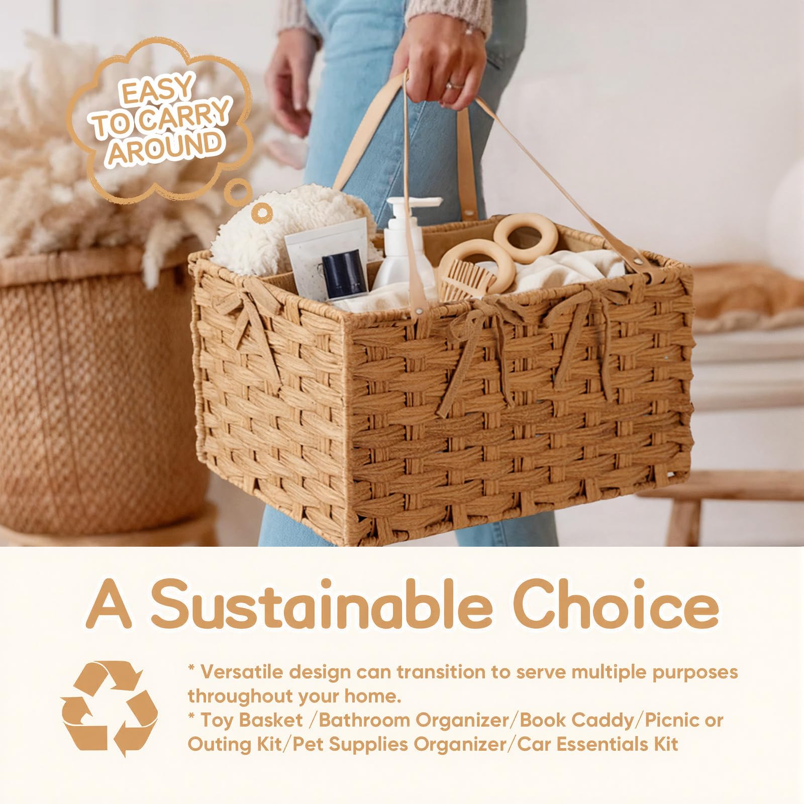 Organiseur de table à langer - Panier de rangement tressé en rotin synthétique - Organiseur de luxe tissé à la main pour fournitures de bébé - Cadeau de naissance indispensable (Naturel, XL)