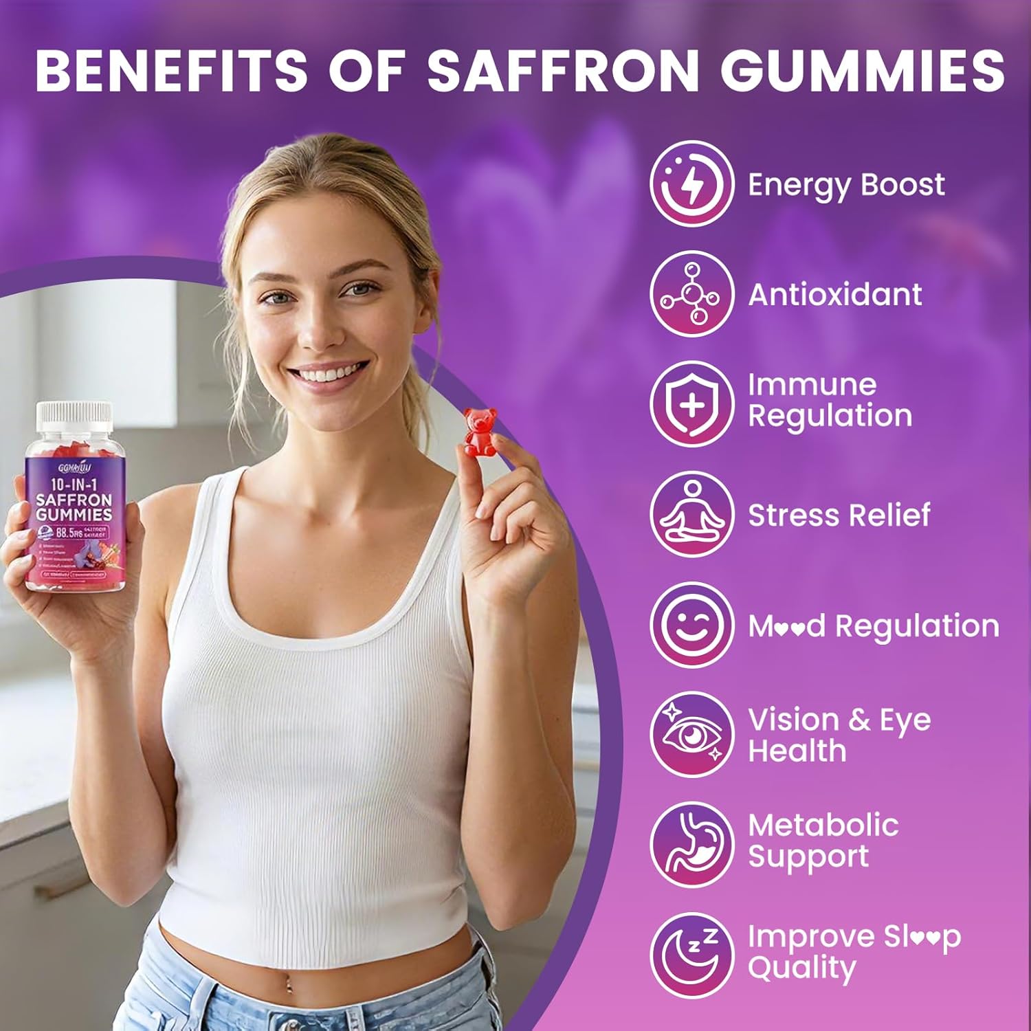 Saffron Supplement Gummies, 10-in-1 Cortisol Supplement with Saffron 88.5mg, Magnesium, Rhodiola Rosea, Ashwagandha, L-Theanine, St. John's Wort, for Zzz, Calm, Focus & Relaxation, 60 Count - Image 2