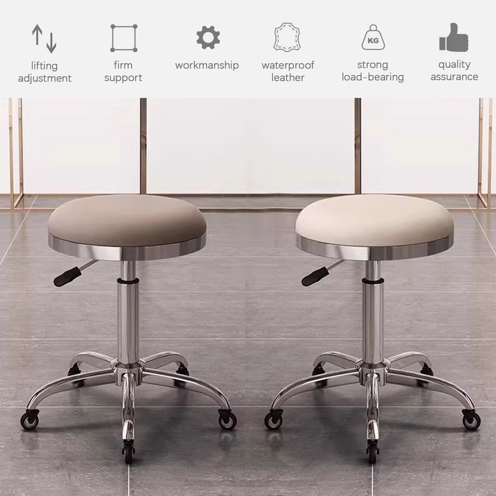 Stołek na Kółkach Regulowana Wysokość 45-56cm Ergonomiczny Taboret ze Skóry Ddo Salonu, Baru, Domu, Biura, Tatoo, Medyczne, do Masażu(Beige)