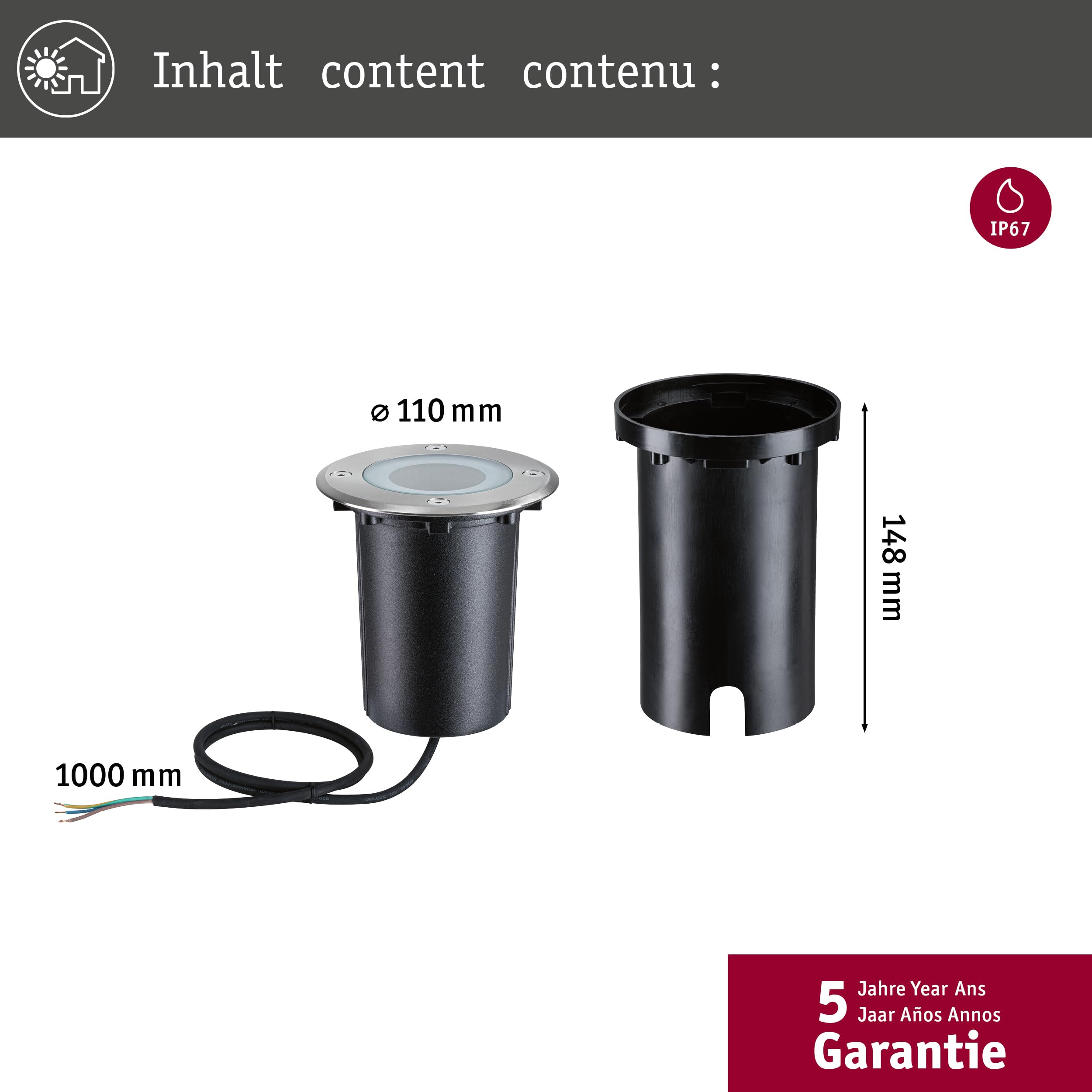 Paulmann 94845 LED Außenleuchte Bodeneinbauleuchte Smart Home Zigbee Floor IP67 rund 110mm RGBW+ 4,9W 300lm 230V Eisen gebürstet Außenleuchte