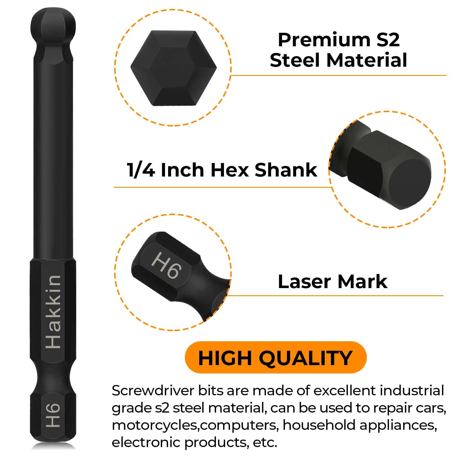Hakkin Ball End Allen Key Bit with Ratchet Driver Hex Key Set S2 Steel 65mm 1/4" Hex Shank Allen Wrench Screwdriver Bits for Furniture Assembly H2-H8 - Image 2