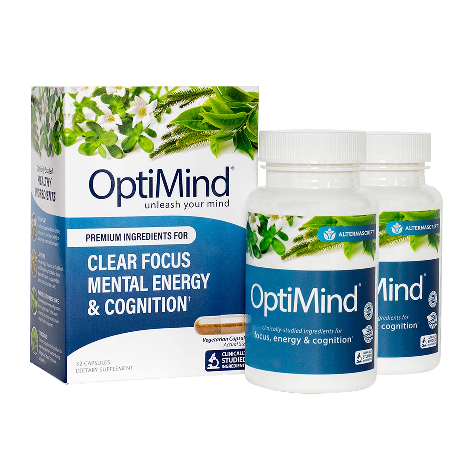 OptimindBacopa Monnieri Brain Supplement for Memory and Focus, Nootropics with Phosphatidylserine, Vitamin B12, Clinically Studied Ingredients, 64 Capsules