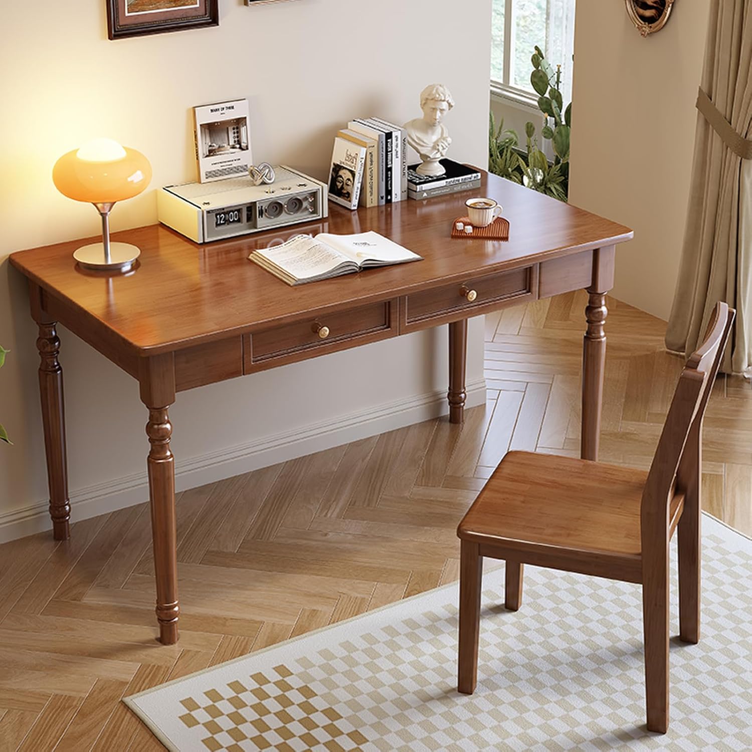 Solid Wood Computer Writing Desk with 2 Storage Drawers, Traditional Vanity Dressing Table, Small Rustic Home Office Desk, Easy Assembly(39 Inch, Black)