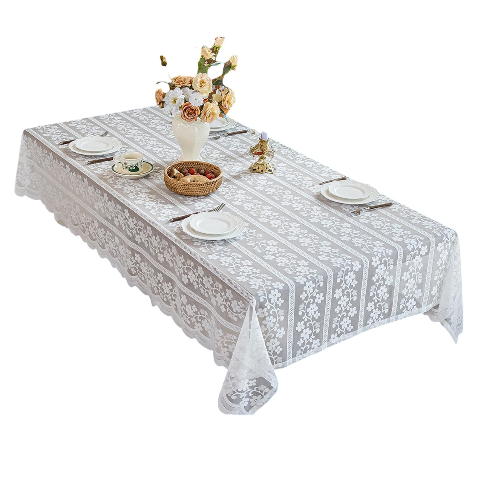 Buxuaaaa Delicate White Floral Lace Tablecloth Polyester Fabric Scalloped Table Cover for Daily Use and Special Event Decoration Elegant Dining Tablecloth