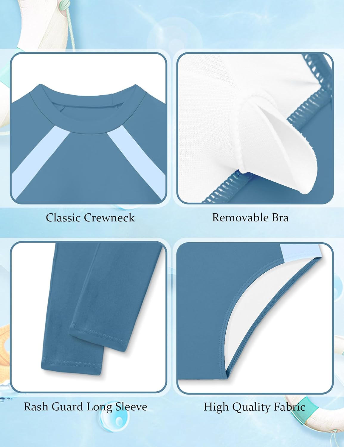 Girls Rash Guard Swimsuit Long Sleeve Swimsuit Color Block Two Piece Bathing Suit for Girls UPF 50+ Padded Swimwear