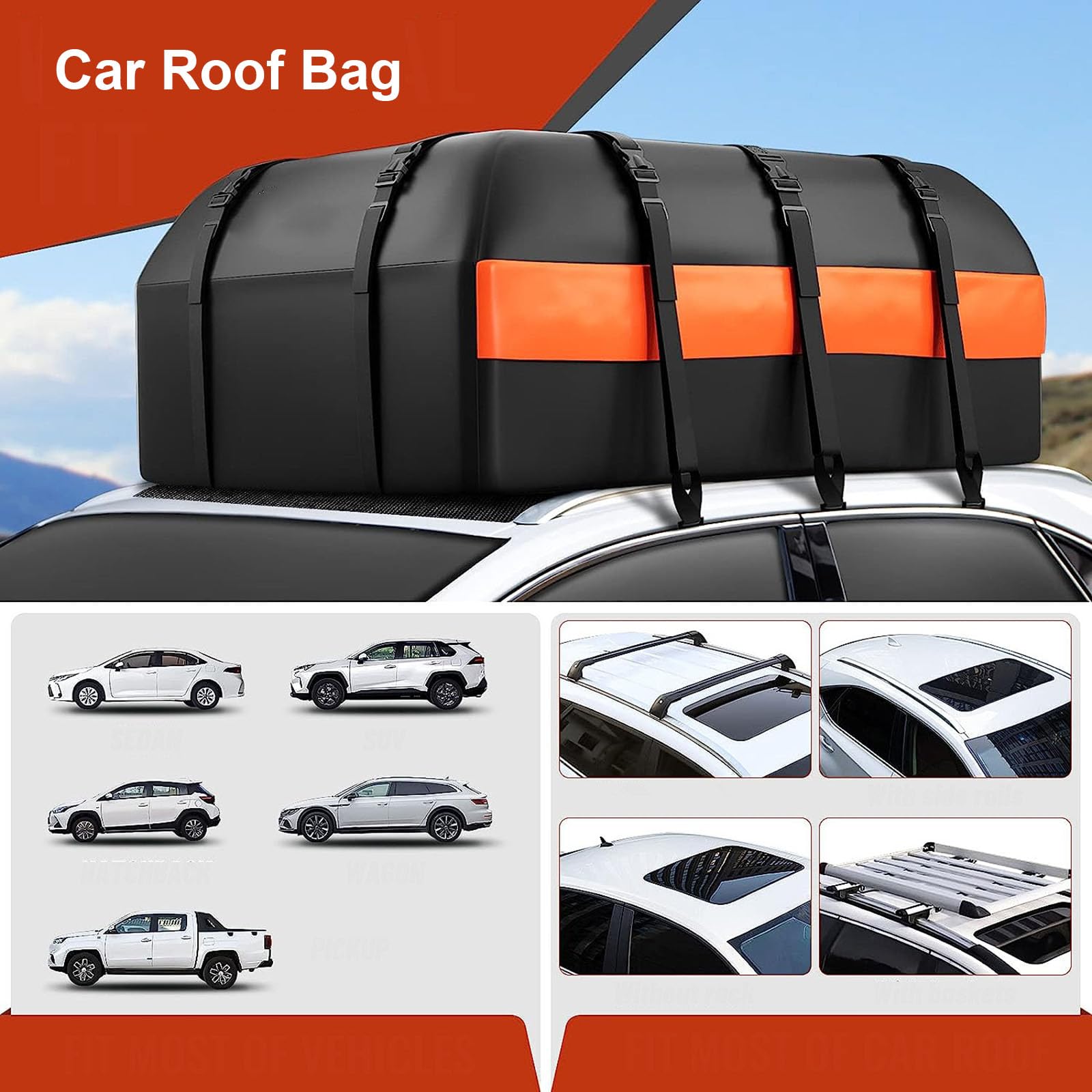 Bolsa de techo de carga resistente para todos los techos de vehículos, incluye correa de gancho para alfombrilla y caja de coche, estante impermeable para todos los techos de vehículos