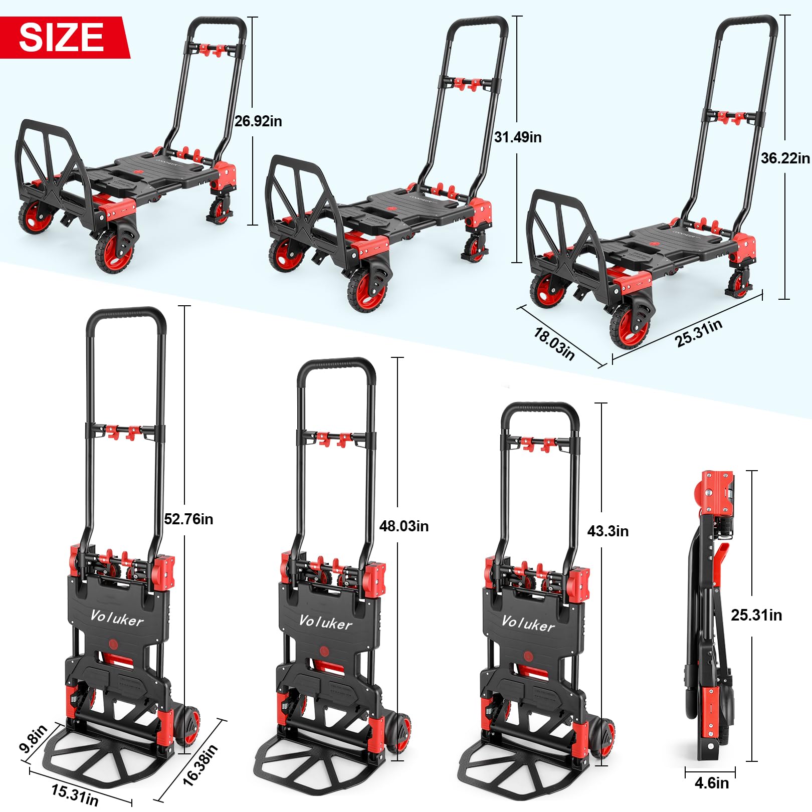 2-in-1 Handkarren Dolly 150 kg faltbar mit klappbarem Korb, zusammenklappbare Sackkarren, robuste Tragkraft, Kombination aus 4 Rädern und 2 Rädern, umwandelbarer Wagen mit einziehbarem Griff, Dolly