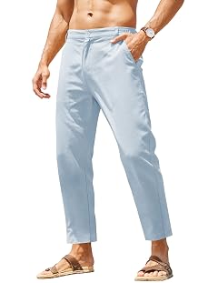 COOFANDY Mens Cotton Linen Pants Elastic Waist Lightweight Casual Pants Relaxed Fit Yoga Beach Pants with Pockets