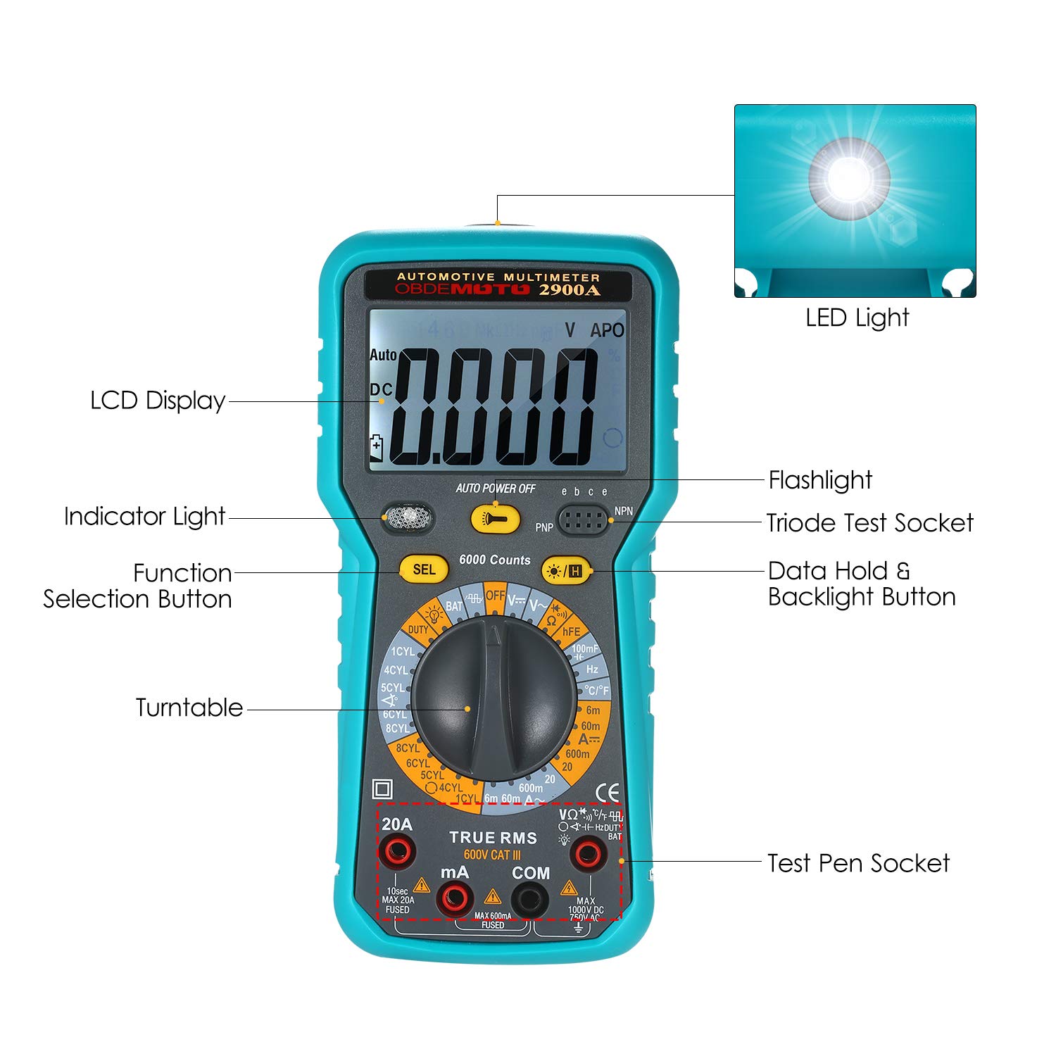 Multimètre numérique LCD 6000 points True RMS Testeur universel avec lampe de poche