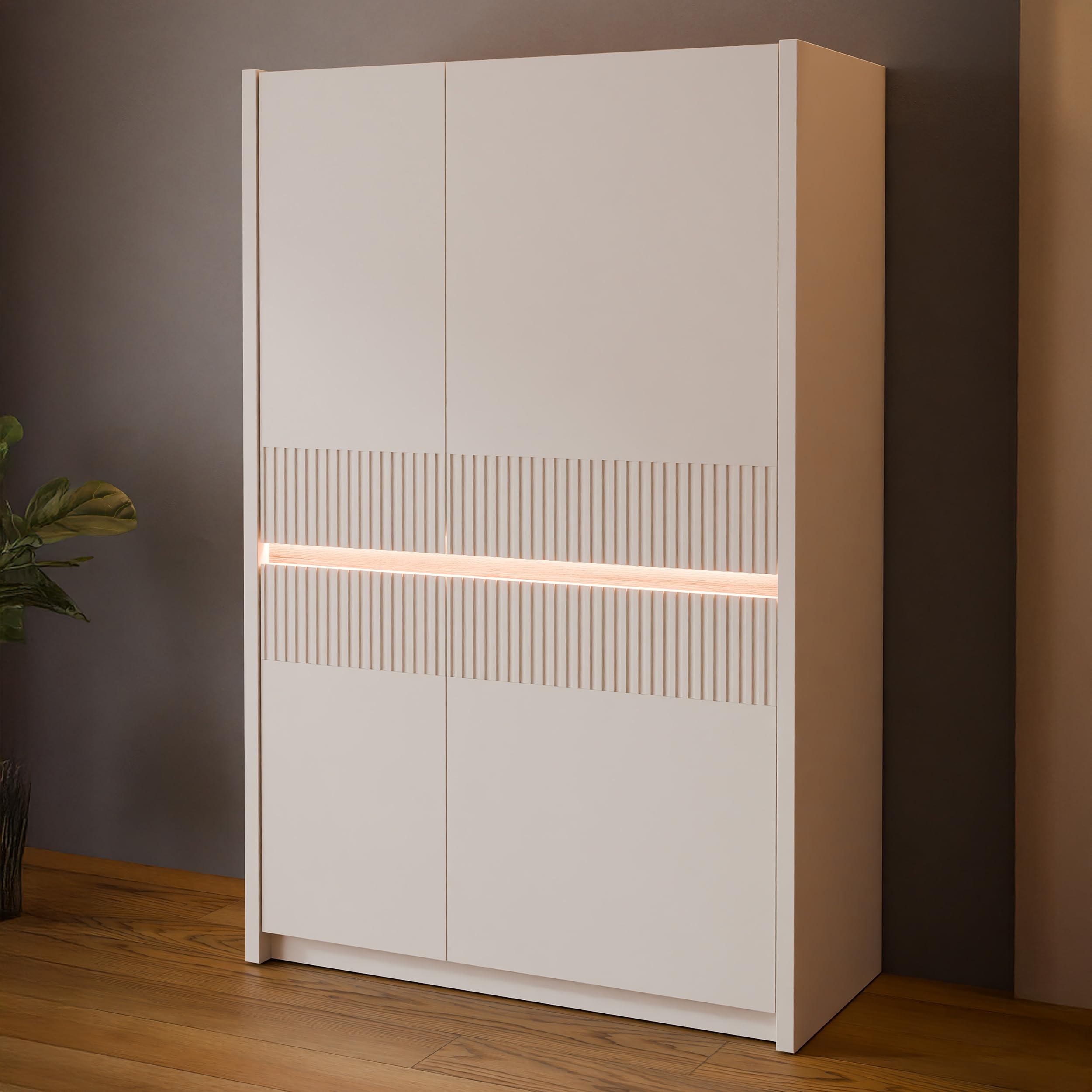 Forte Oak SQUERE Kleiderschrank 90/100 – 2 Türen, Beleuchtung, Lamellendesign (Mauvella Eiche/Sand)