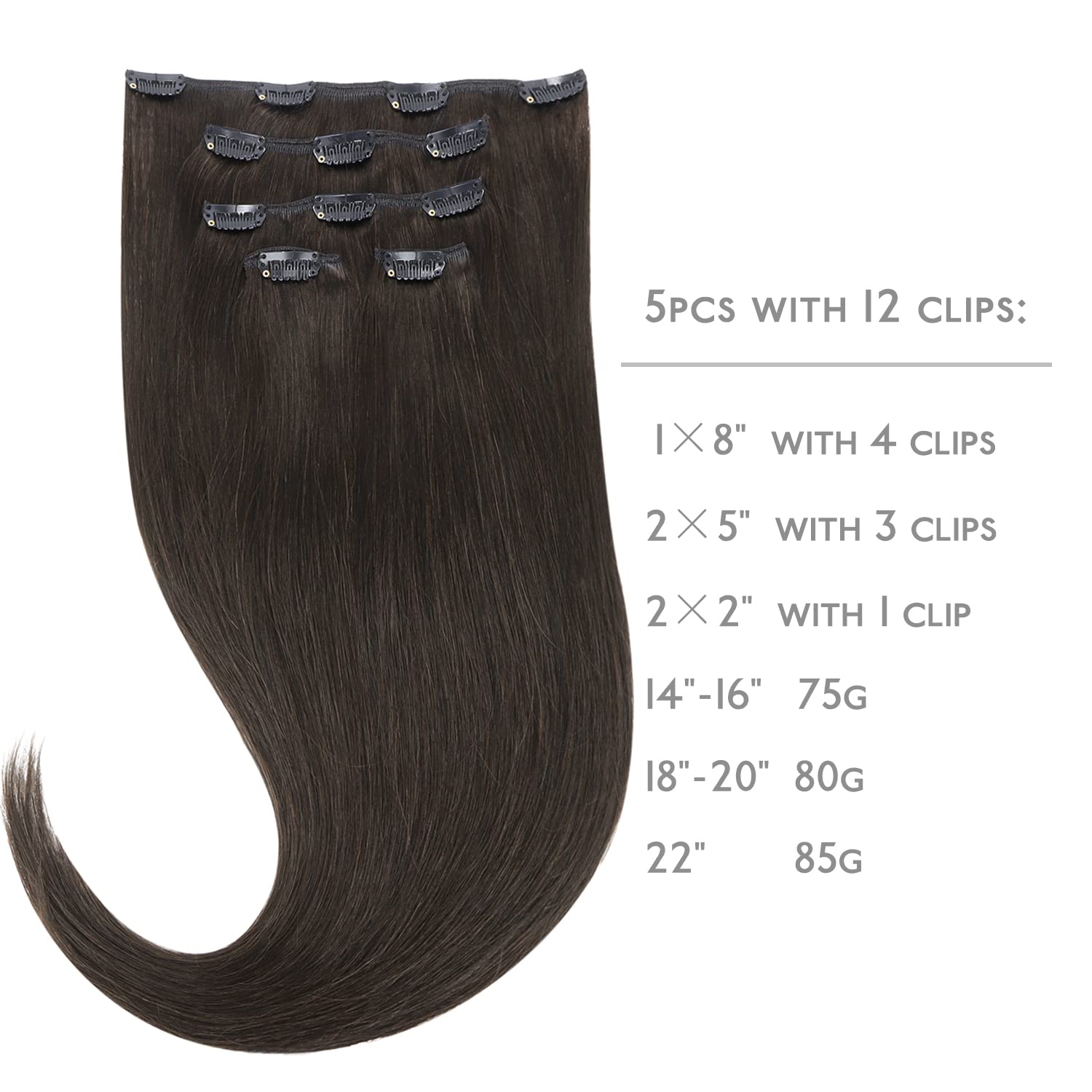WENNALIFE Extension con clip in capelli veri, 75 g, 5 pezzi, 35 cm, colore marrone scuro - 3