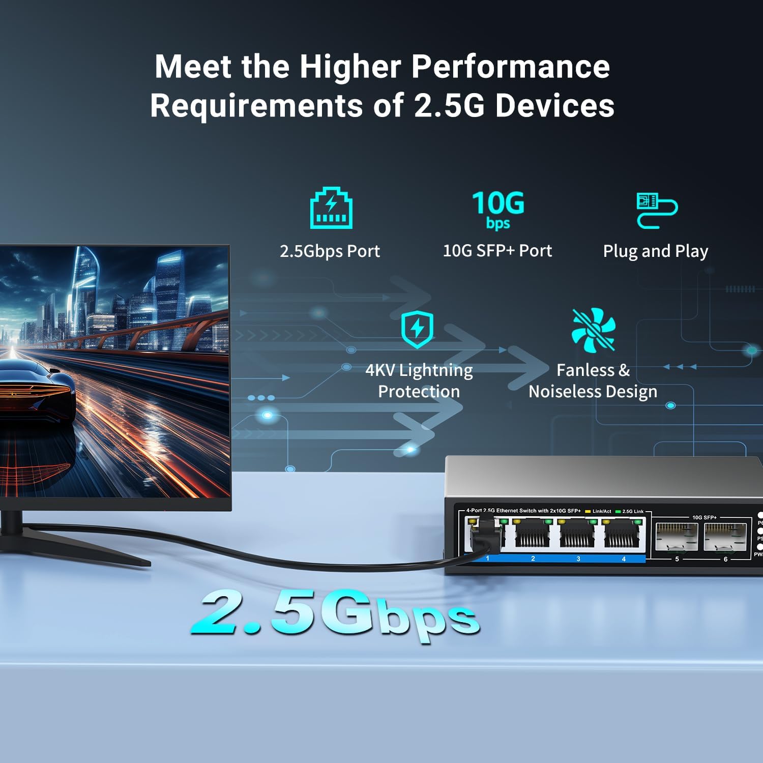 GiGaPlus 6 Ports 2.5Gb Unmanaged Ethernet Switch with 4* 2.5G Base-T Ports, 2* 10G SFP+ Ports. 2.5Gbps Network Switch for 2.5Gbps NAS/PC, WiFi6 Router, Wireless AP. Fanless Design, Plug and Play
