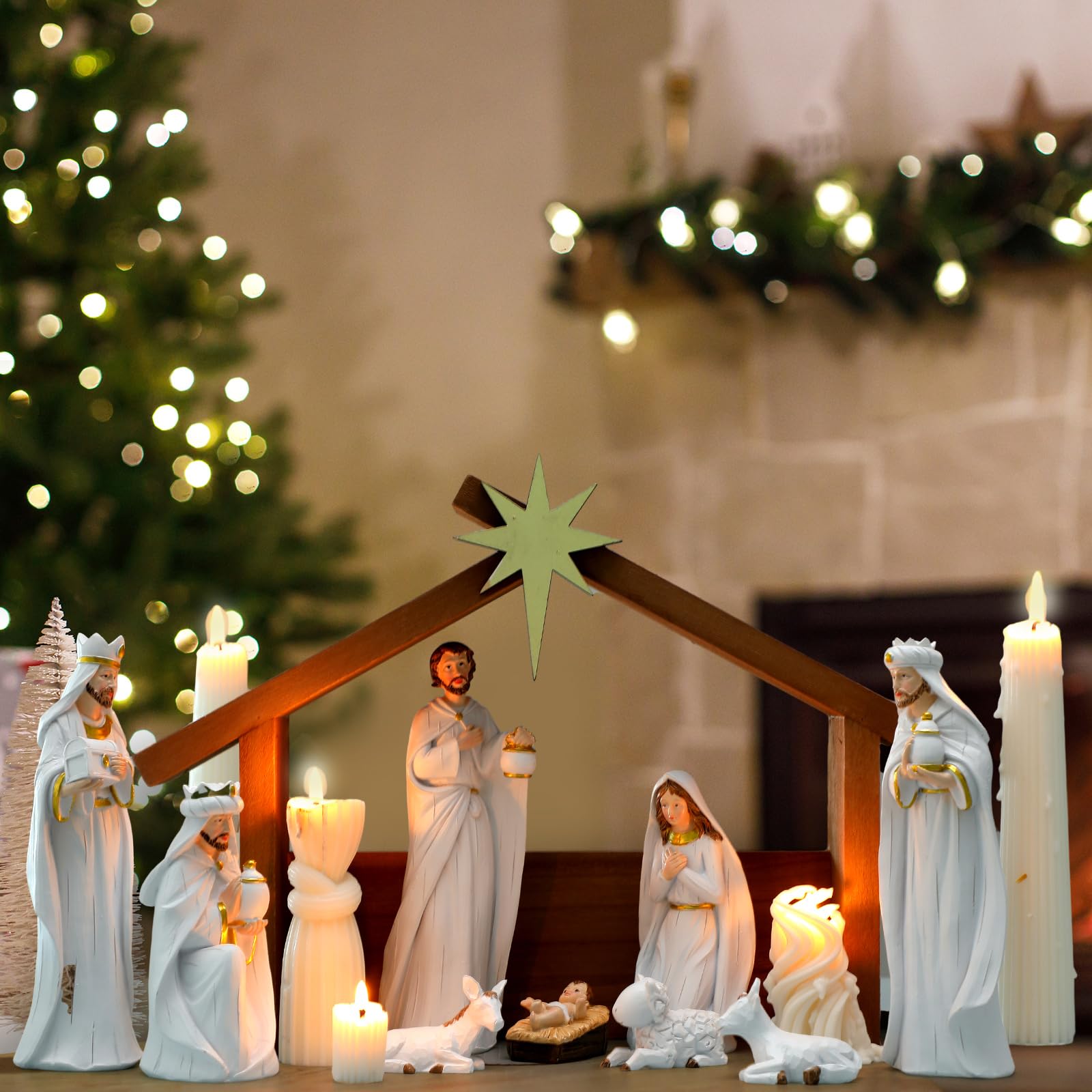 Wesiti Weihnachtskrippe aus Holz, Weihnachtskrippe mit Dachstern, 36,7 x 26,7 cm, für Innenmaßstab, 17,8 cm, Heilige Familie, Holz, stabile Krippe, Heimschreibtischdekoration (ohne Figuren)