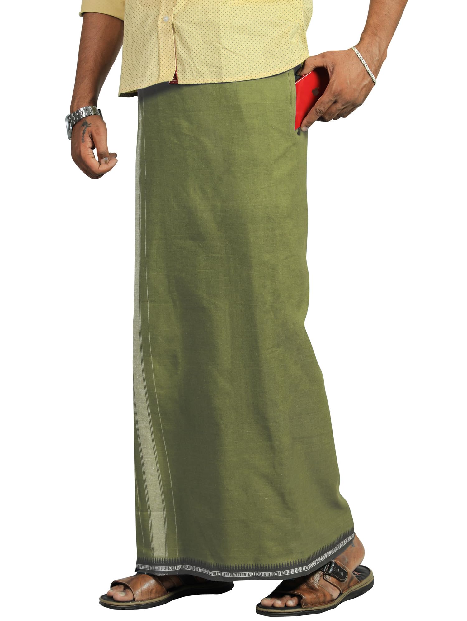 PRAKASAM COTTON Men Cotton Kerala Thalapathi Border Flexi Size (Adjustable) Welcro Pocket Single Dhoti -Mint Green Colour