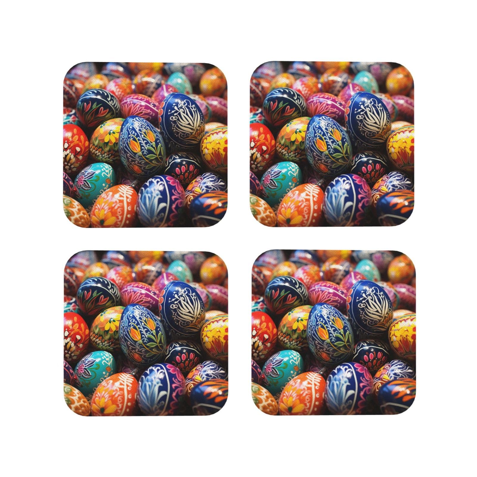 4pcs Drink Coasters for Tabletop Protection, 4" Leather Coasters for Drinks, Colorful Hand Painted Easter Eggs Cup Coasters for Coffee Table Decor, Non-Slip Drinking Cup Mat for Hot Or Cold Drink