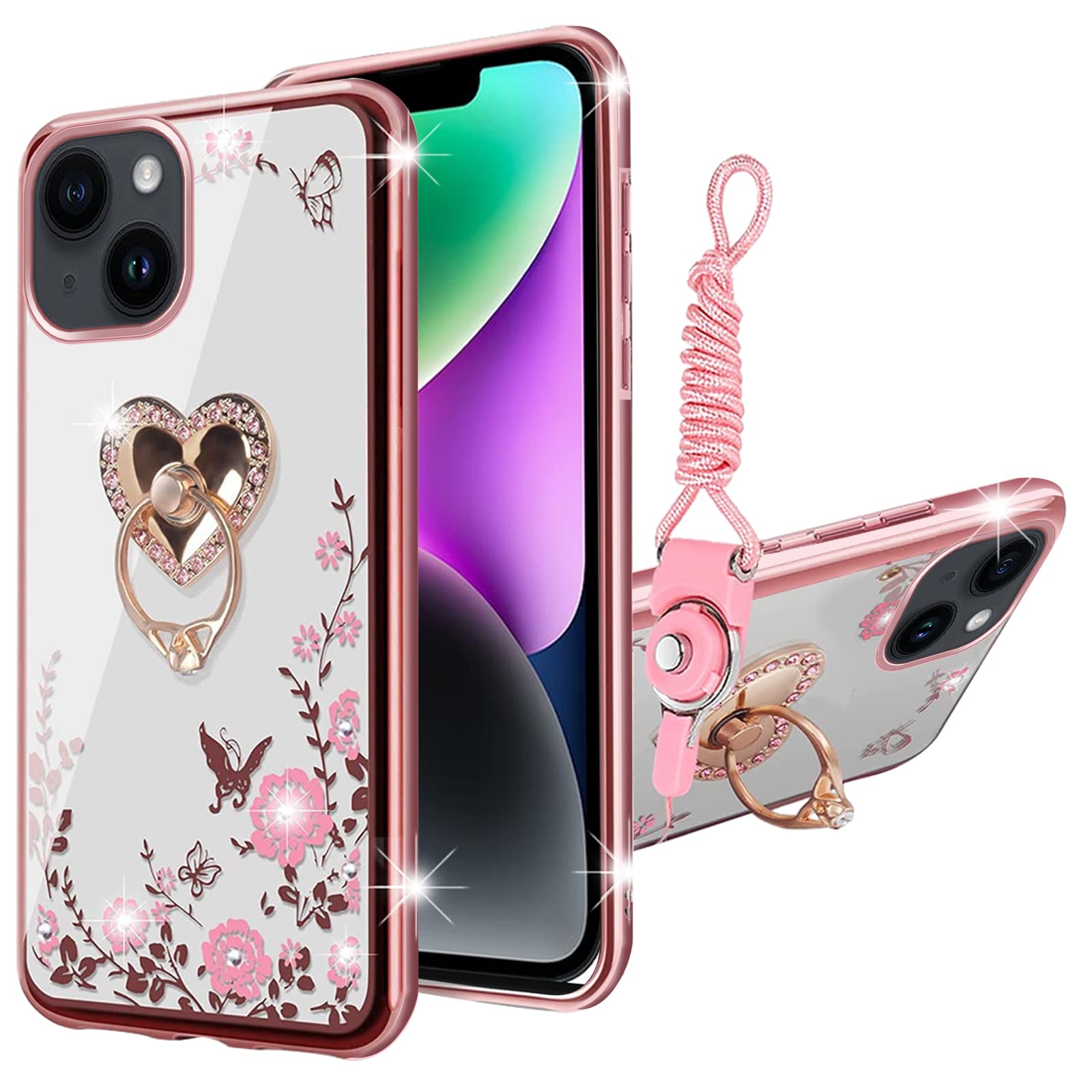 KuDiNi for iPhone 14 Case 6.1", iPhone 14 Phone Case for Women Glitter Crystal Bling Butterfly Heart Floral Clear Protective Cover with Kickstand+