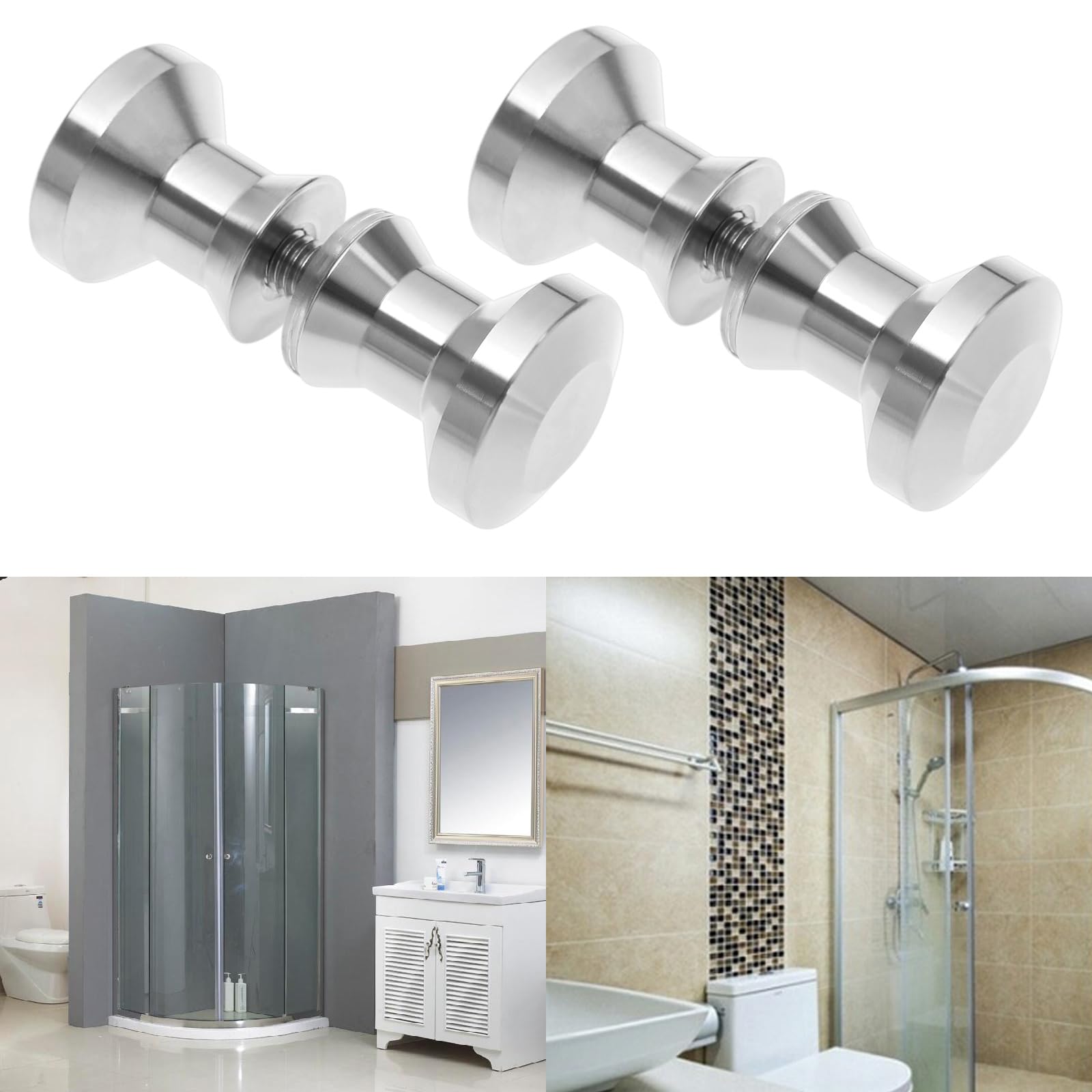eMagTech 2 works Shower Door Double Knob Stainless Steel Glass Door Handles Mushroom Round Door Pull Handle Fittings Hardware for Most Glass Doors Silver - Image 3