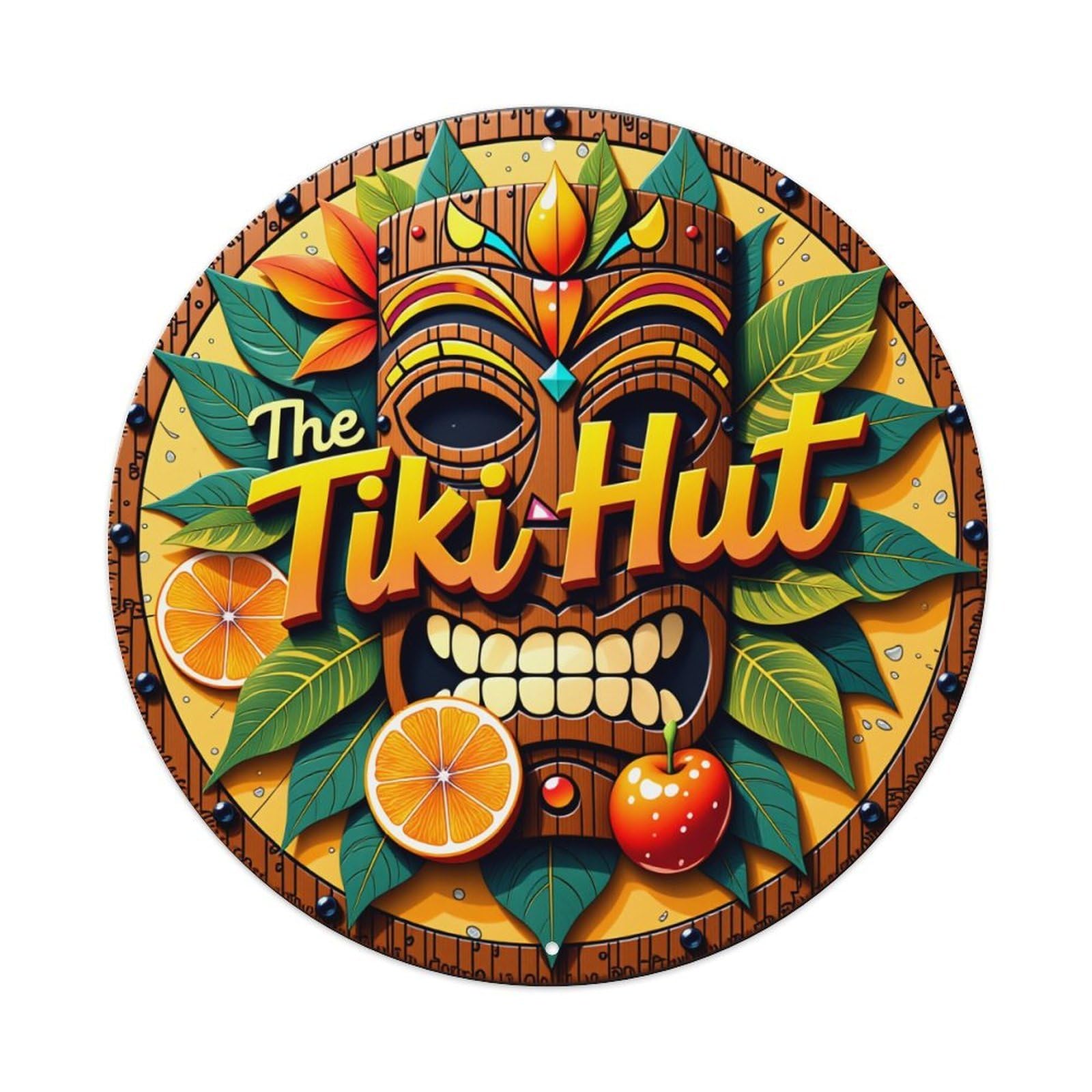 Tiki Mask Leaves Fruit Orange Round Tin Sign Retro Metal Sign for Cafe Bar Pub Home Game Room Gym Club Wall Decoration Vintage Metal Poster 8x8 Inch