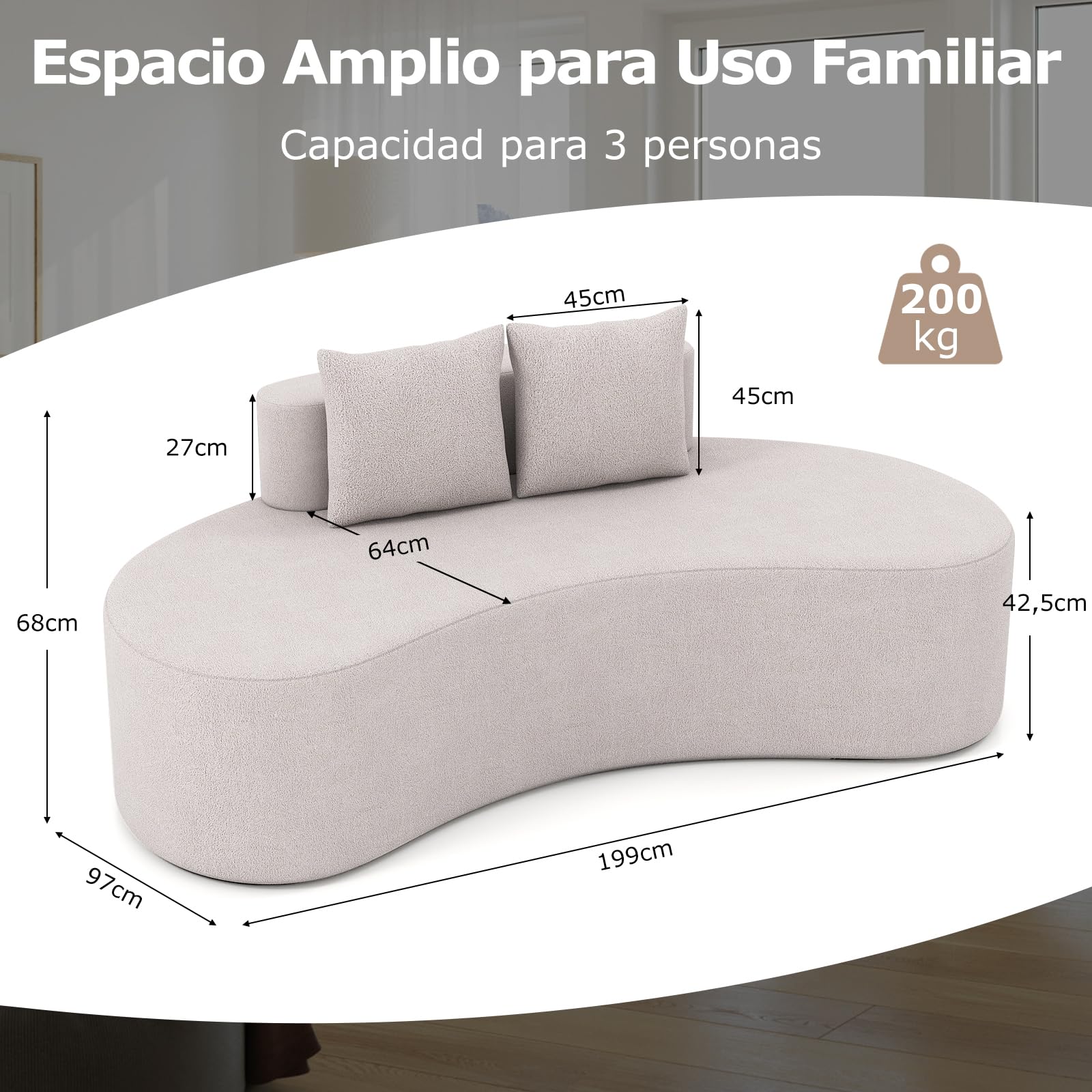 COSTWAY 199 cm Sofá de Compresión Curvo Tapizado con 2 Almohadas, Respaldo Bajo y Amplio Asiento Acolchado con Esponja, Base Antideslizante, sin Montaje, Sofá de Suelo para Salón, Dormitorio (Gris)