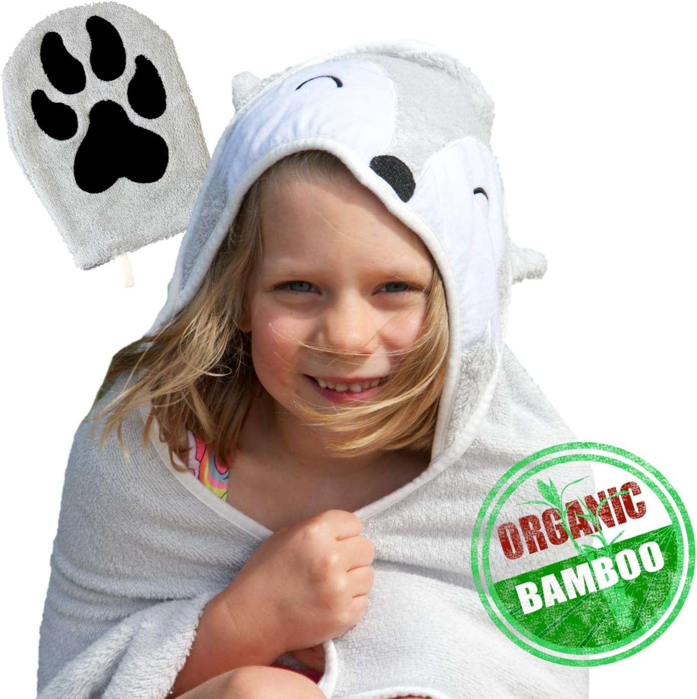 Organic Bamboo Hooded Toddler Towel for Newborn and Baby Extra Large 90cm x 90cm Includes Fun Wash Cloth Mitten