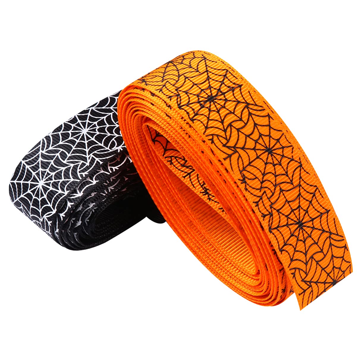 2 Rollen Halloween-Band, Je 22 M – Spinnen- & Spinnennetz-Muster, 0,95 Cm Breit, Orange/weiß