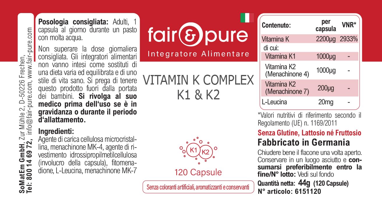 Fair & Pure® - Vitamine K Complexe K1 & K2 - avec 2200μg de Vitamines K par gélule - 120 gélules véganes