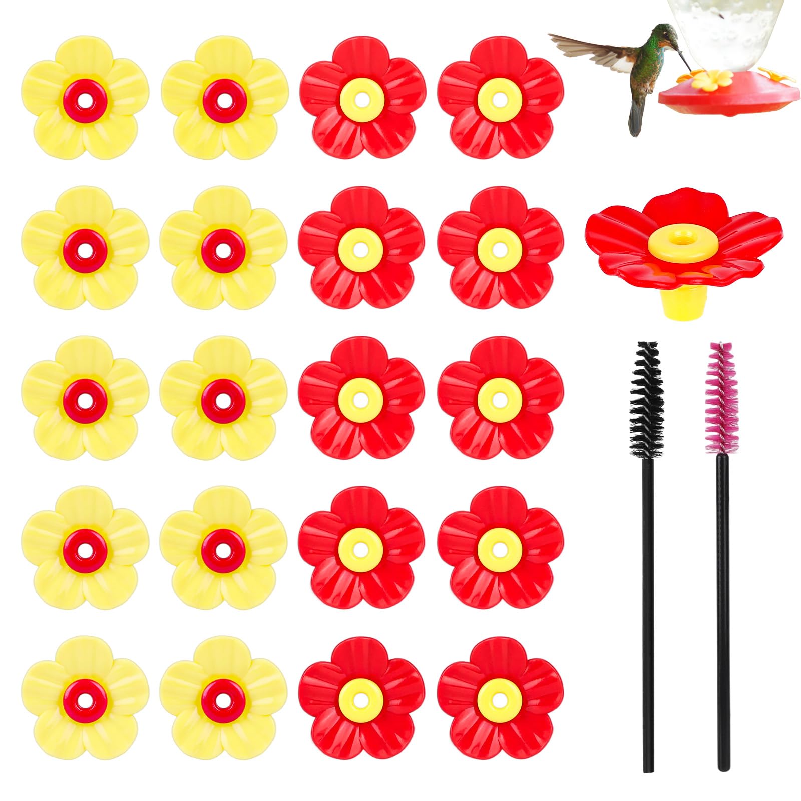 PEUTIER 20pcs Hummingbird Feeder Replacement Flowers with 2 Cleaning Brushes, Pet Bird Feeder Replacement Parts Flowers Feeding Ports for Outdoor Hanging Feeders (Red, Yellow) - butterflies | Mubboo