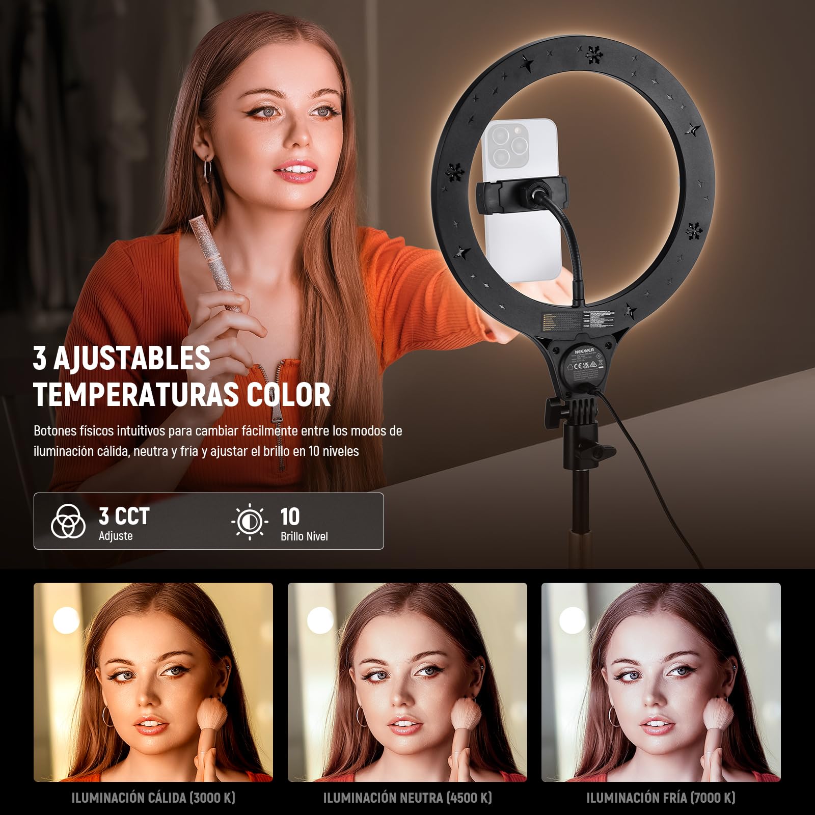 NEEWER Entry Level Version 10.5" Aro Luz Escritorio con Soporte/Soporte Móvil Compatible con iPhone/Remoto,10W LED Iluminación para Streaming Grabación Maquillaje Selfie Videoconferencia Portátil,N22