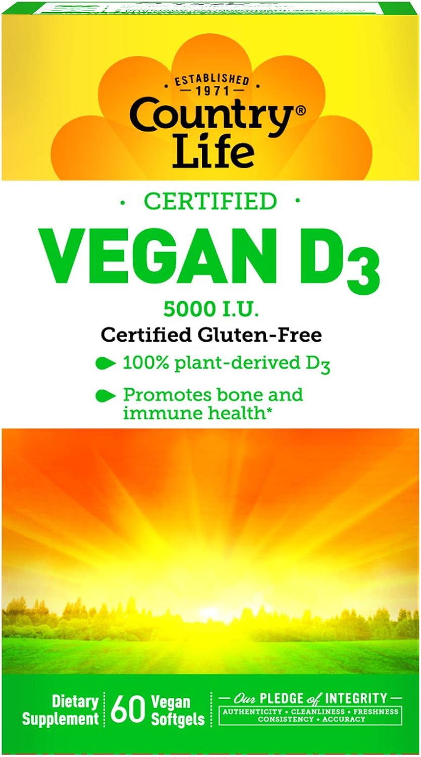 Country Life Vegan D3 125mcg 5,000 I.U. 100% Plant Derived Vitamin D3 Promotes Bone & Immune Health - Cognitive Health Support Supplement - Vegan, Gluten-Free - 60 Vegan Softgels