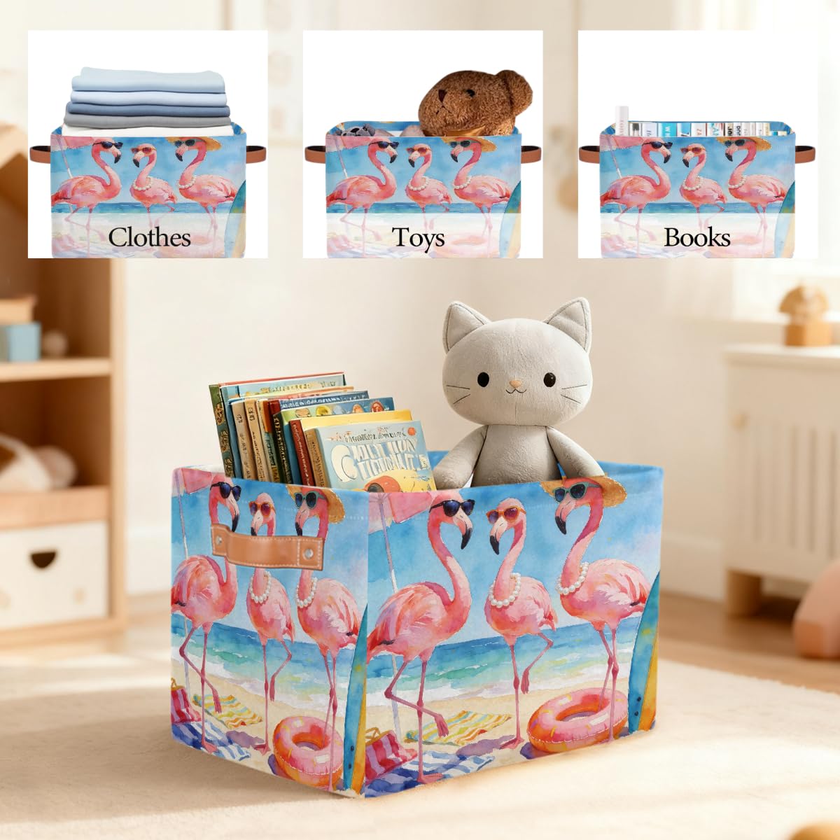 Lustiger Sommer-/Strand-Flamingo-Aufbewahrungskorb mit Ledergriffen, faltbarer Stoff-Aufbewahrungskorb für Schrank, Badezimmer, Wohnzimmer, Büro, Spielzeug, Organizer, Wäschekorb, 2 Stück