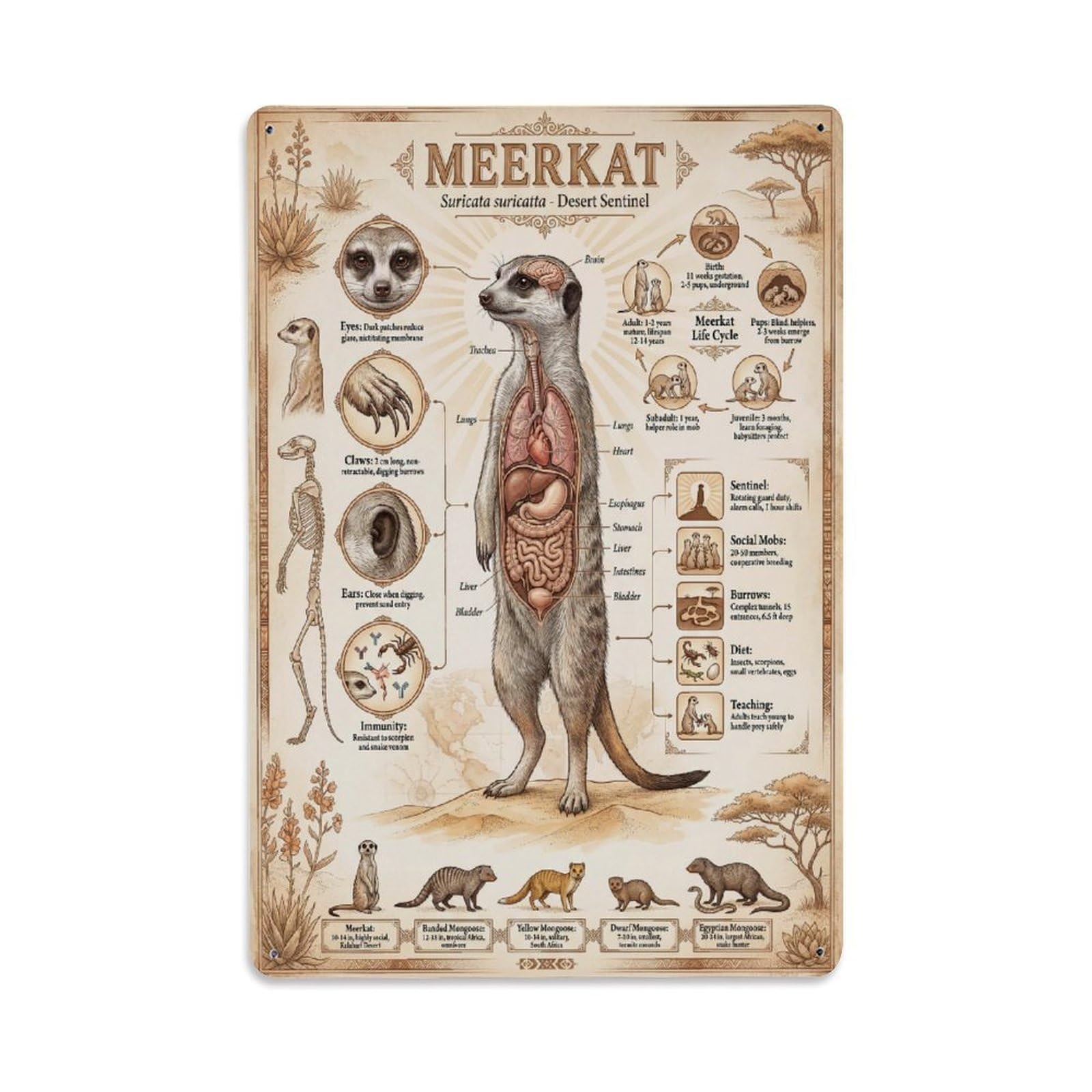 Safari Wildlife Kids Animal Guide Meerkat Anatomy Sci Inf Metal Tin Sign Plaque Wall Decor for Cafe, Man Cave, Club Bar, Office, Home Garden Round Metal Poster 8x12Inch