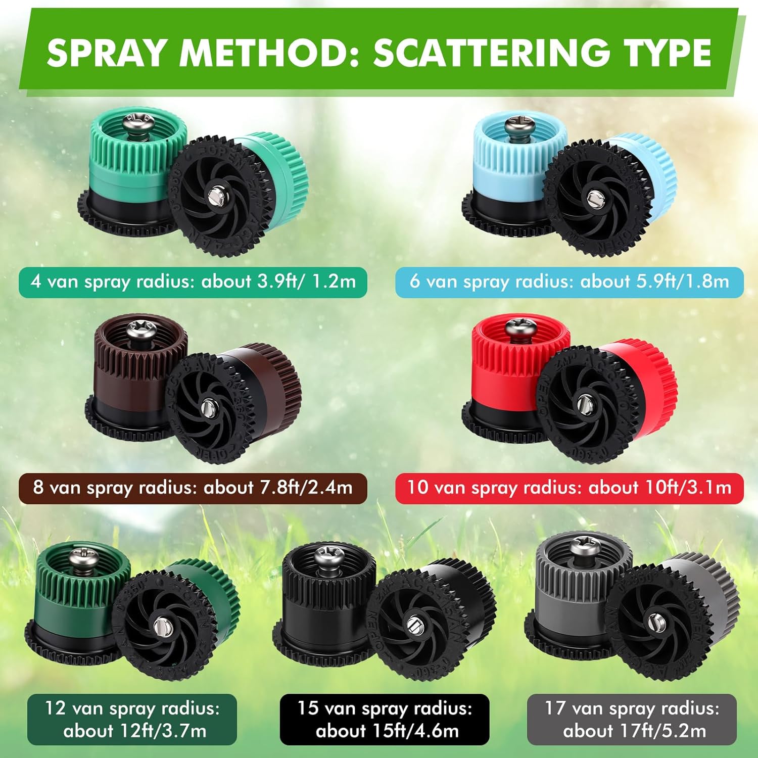 Honoson 60 Pcs Variable Arc Nozzle Radius High Efficiency Replacement Pop up Sprinkler Sprayer Head Compatible with Rainbird, Hunter Orbit Pop-up Sprinkler (4/6/8/10/12/15/17 Van,Multicolor)