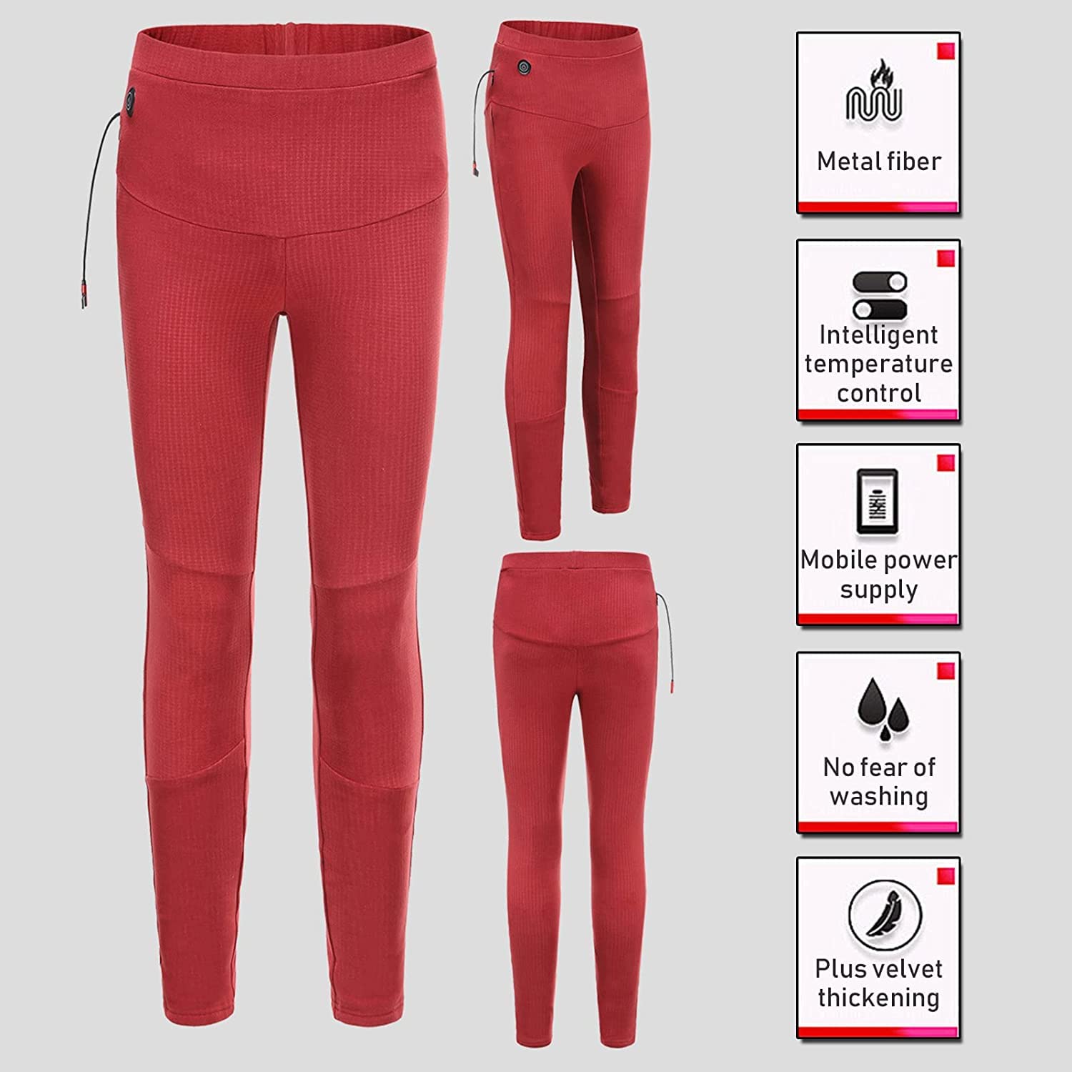 Bielizna termoaktywna dla mężczyzn i kobiet, legginsy z ogrzewaniem elektrycznym USB do użytku w pomieszczeniach, na zewnątrz i w sporcie (Color : Red, Size : M-Medium)