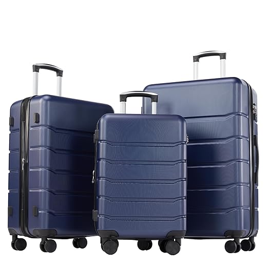 OLIXIS 3-Piece Suitcase Set, Hardside Luggages with Spinner Wheels, Lightweight ABS Hard Shell Travel Luggage, Expandable Carry-On Suitcase with TSA Approved Lock–Blue(20+24+28 Inch)